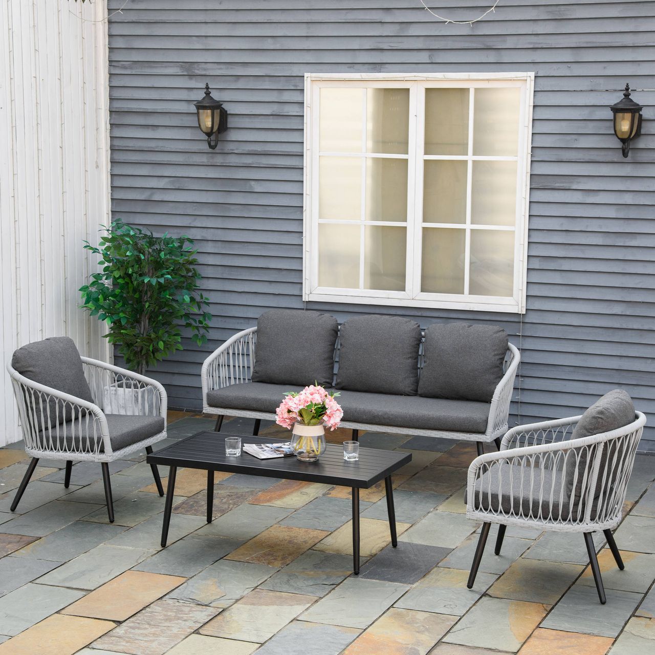 Outsunny Polyrattan Gartenmöbel Set 4-teiliges Rattensofa-Set Sitzgruppe Sitzgarnitur für Pause Lounge Teetisch mit Sofa Kissen Aluminium Grau