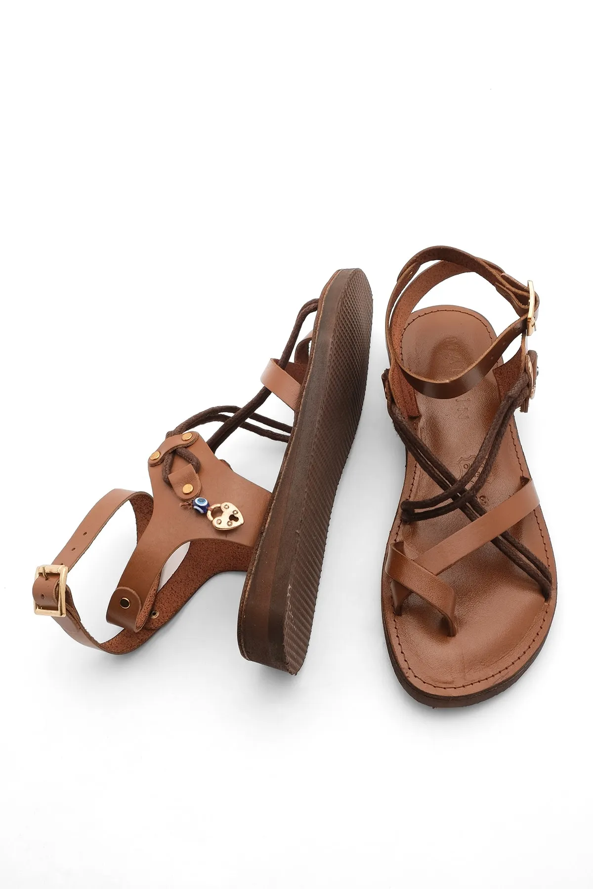 Marjin  Damen-Flip-Flops aus echtem Leder mit Eva-Sohle und gekreuzten Seildetails für den Alltag, Rivade Tan