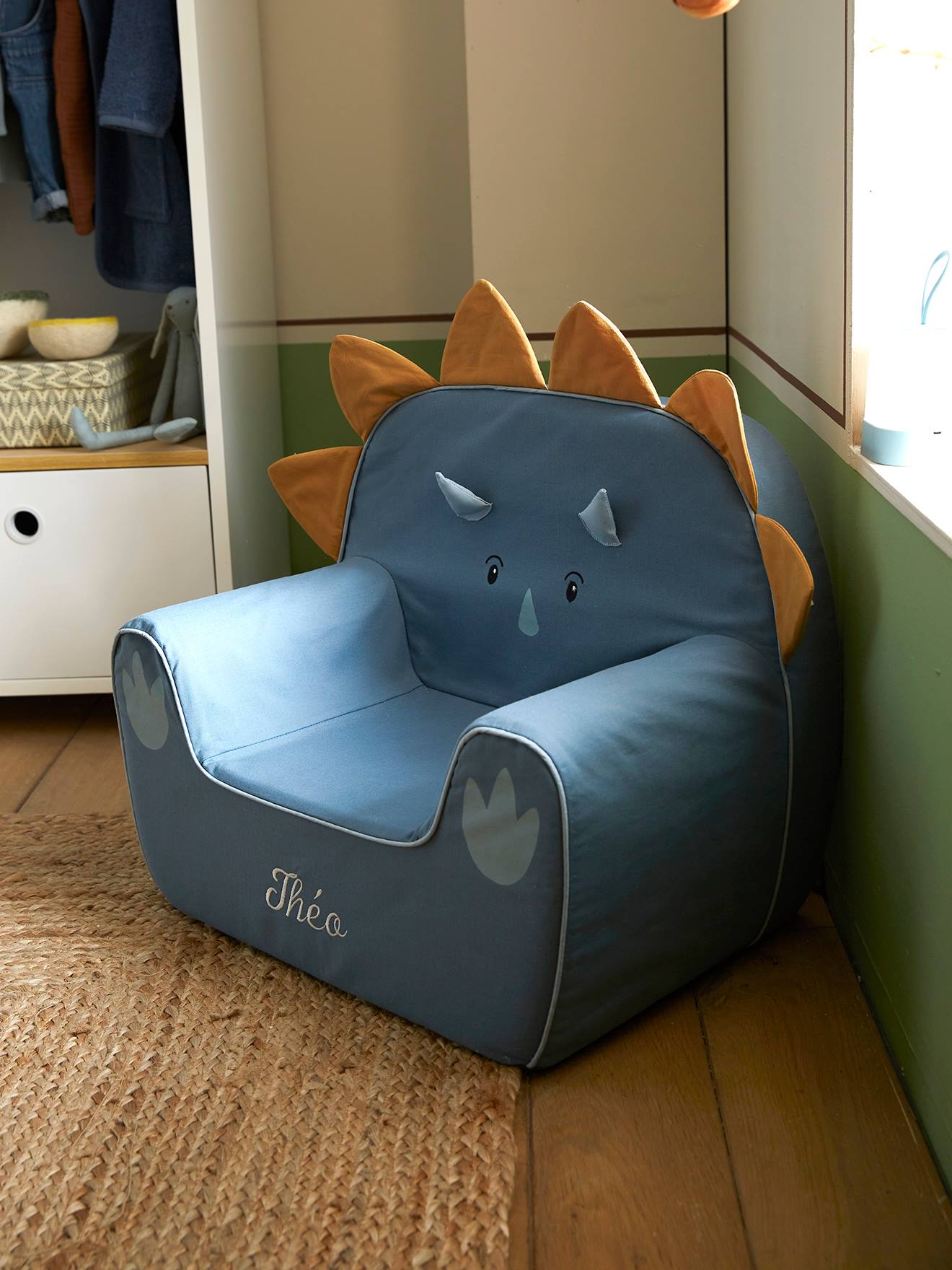 Vertbaudet Kinderzimmer Sessel in Dino-Form, Triceratops, personalisierbar - blau/karamell
