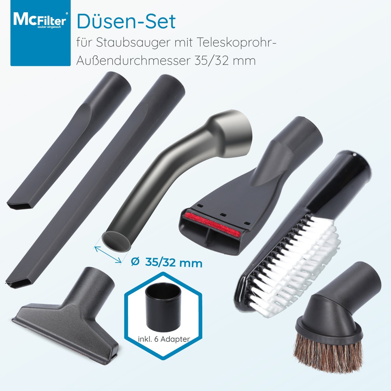 McFilter Staubsaugerdüsen-Set Universal 12-teilig, Zubehör für alle Staubsauger mit 32/35mm Anschlussdurchmesser, inkl. Adapter, (12-tlg), mit Polsterdüse, Fugendüse, Flachpolsterdüse, Möbelpinsel, Möbelbürste