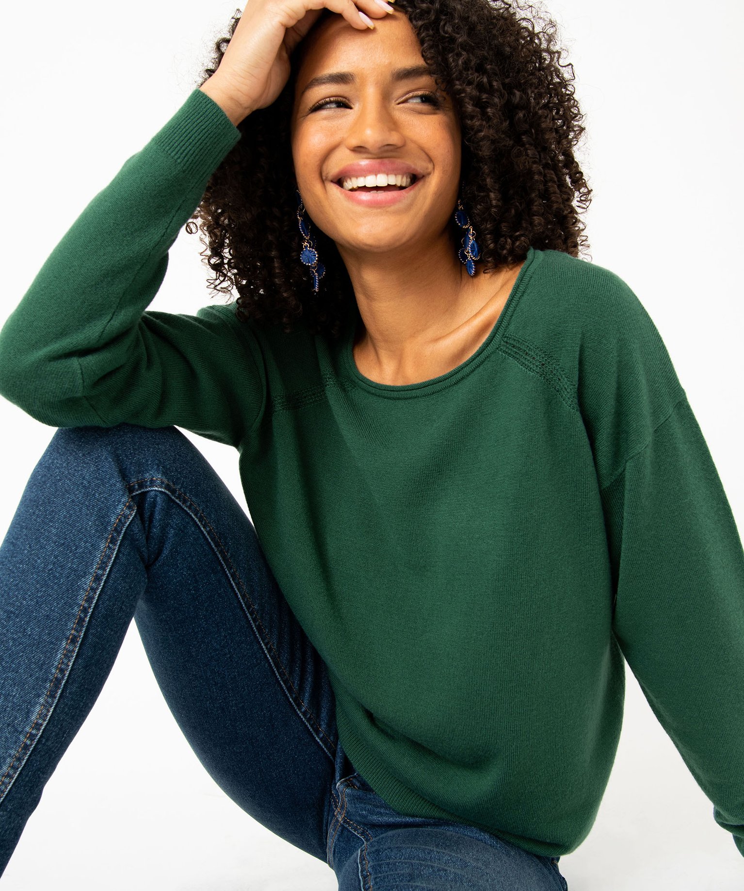 Pull à col rond finitions roulottées femme vert | GEMO