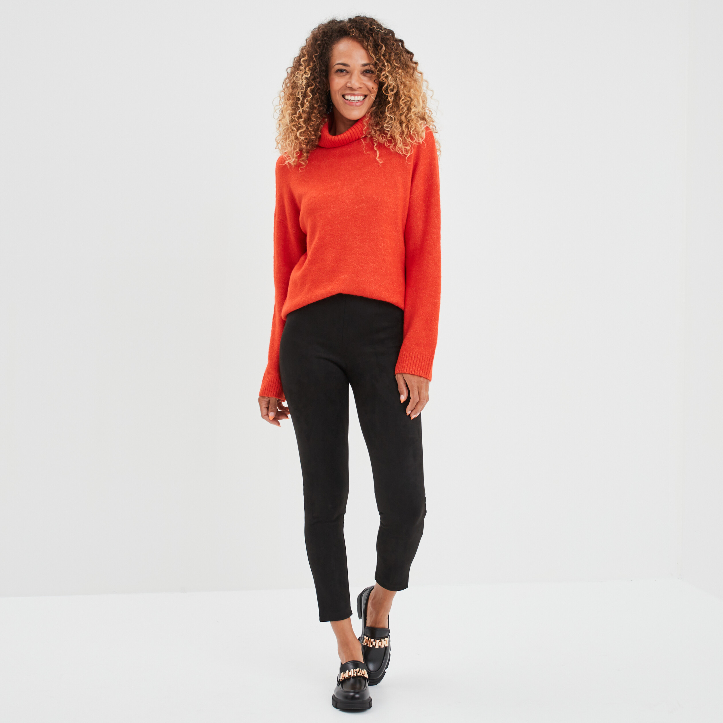Pull col roulé droit manches longues rouge corail femme | La Halle