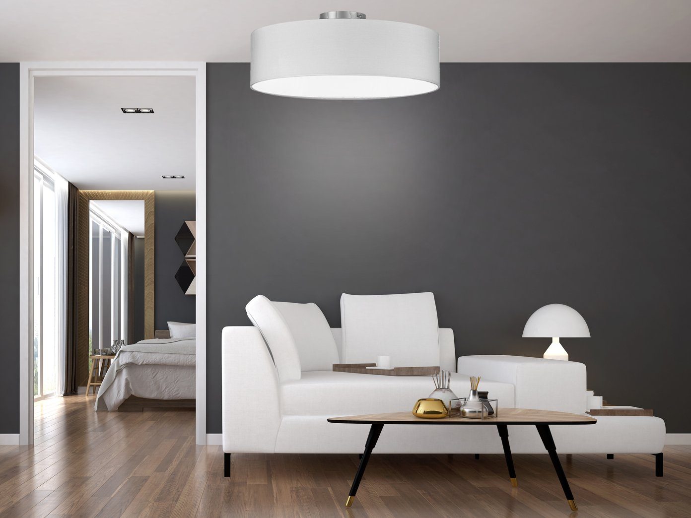 meineWunschleuchte Deckenleuchte, ohne Leuchtmittel, Designer-Lampe Stoff Lampenschirm Baushaus über-n Esstisch, Ø50cm Weiß
