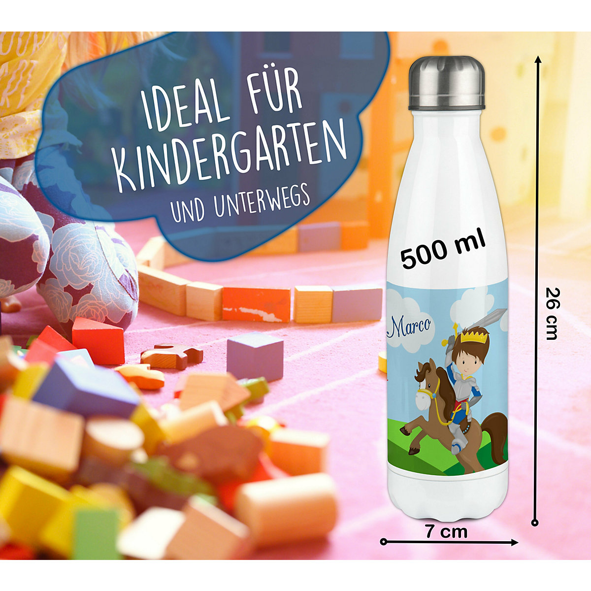 Edelstahl Kinder Thermoflasche / Trinkflasche bunt Ritter Spülmaschinenfest, Auslaufsicher, Bruchfest, Doppelwandig, Für Heißgetränke geeignet, Mit Deckel, Isoliert