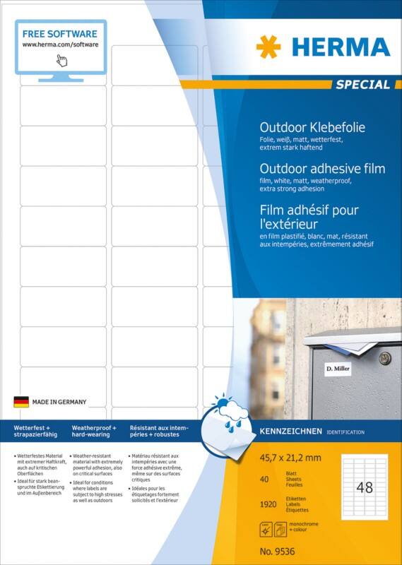 HERMA Wassserfeste Etiketten 9536 Weiß DIN A4 45,7 x 21,2 mm 40 Blatt à 48 Etiketten