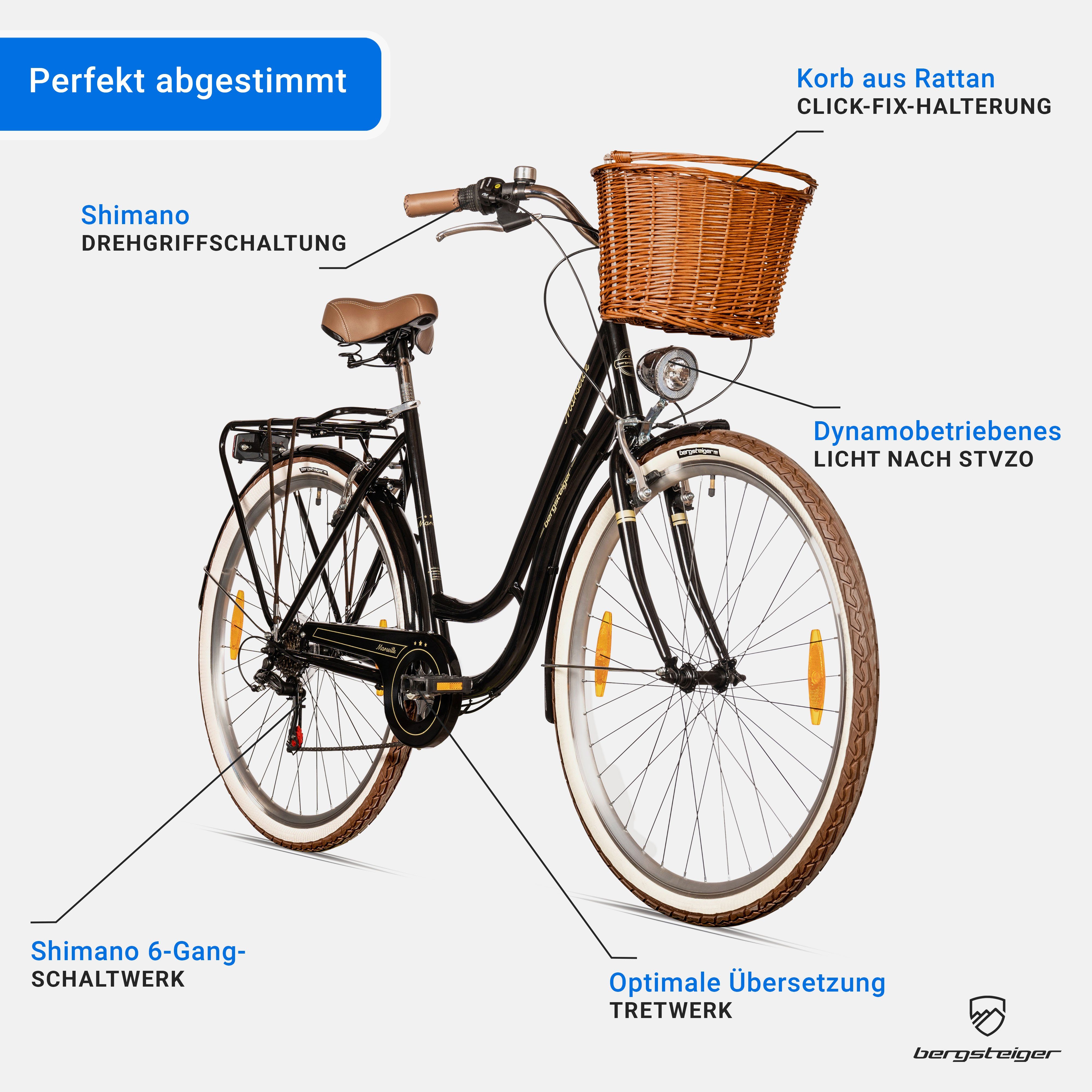 bergsteiger Cityrad Marseille 26 Zoll, 28 Zoll Damenfahrrad, ab 150 cm, Korb aus Rattan, 6 Gang, Kettenschaltung