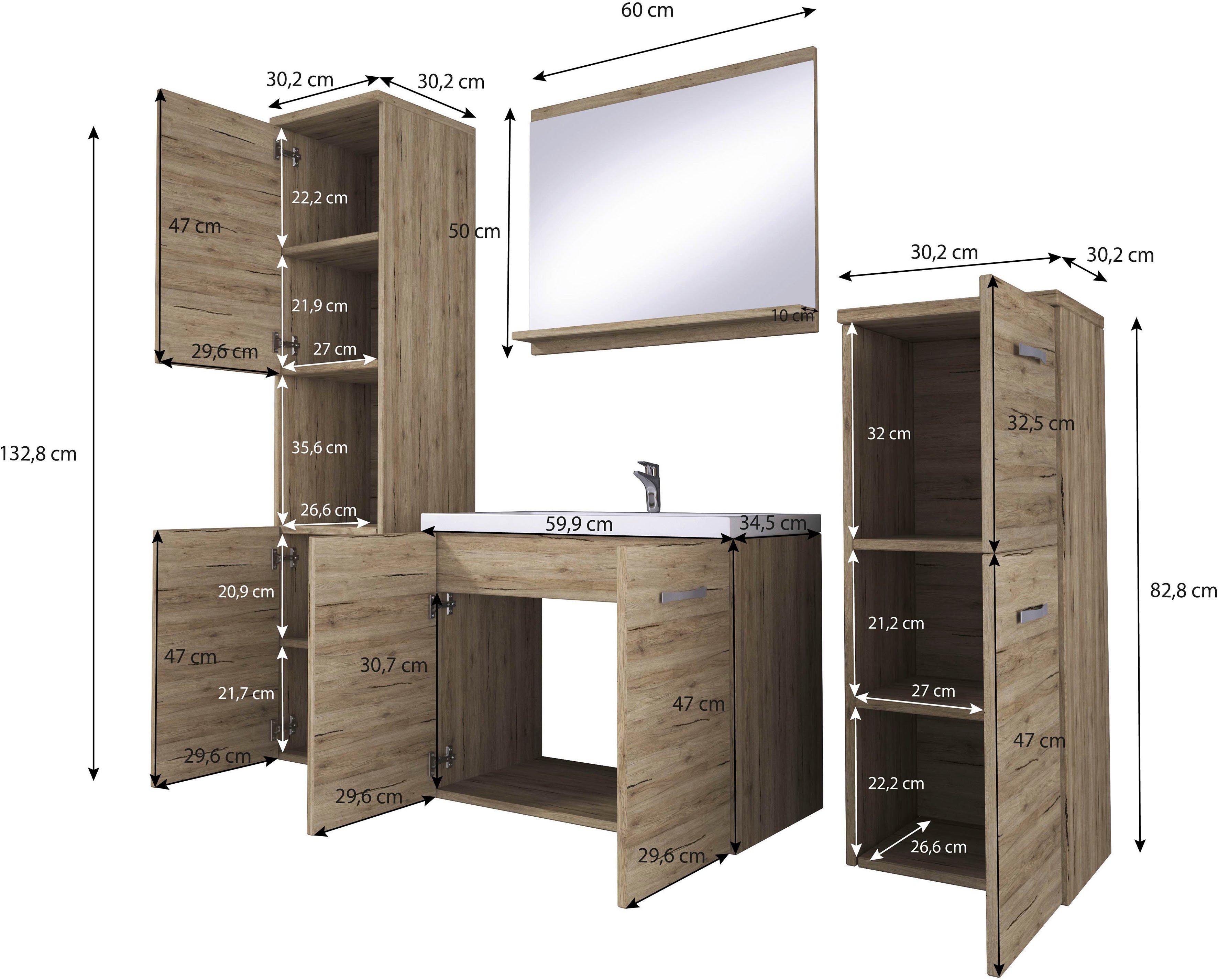 welltime Badmöbel-Set PARLA, (Komplett-Set, 5-St), Waschtisch inkl. Waschbecken, Spiegel, Hochschrank und Hängeschrank