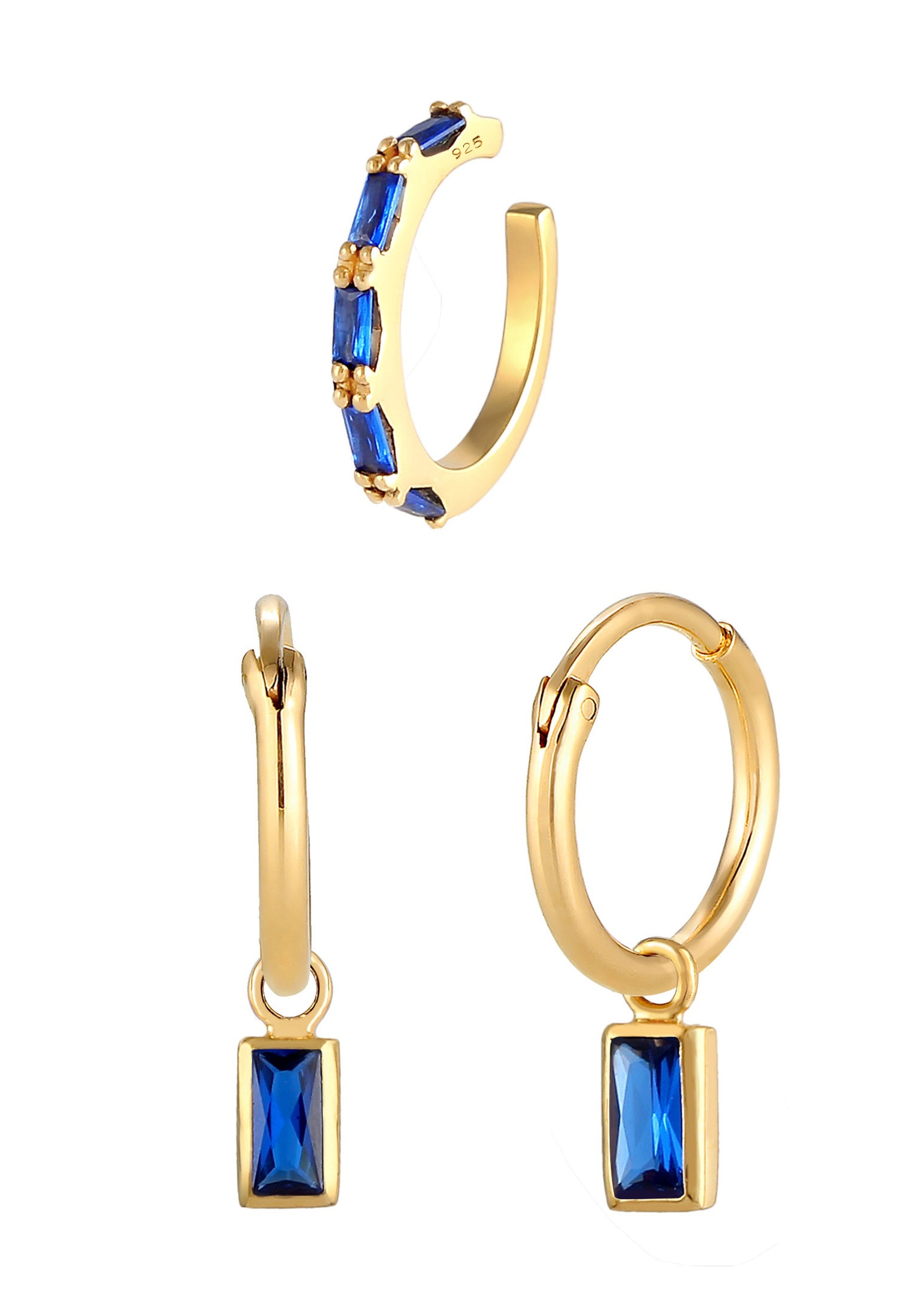 Elli PREMIUM Brincos femininos modernos e elegantes com safiras em prata de lei 925 e banho de ouro.