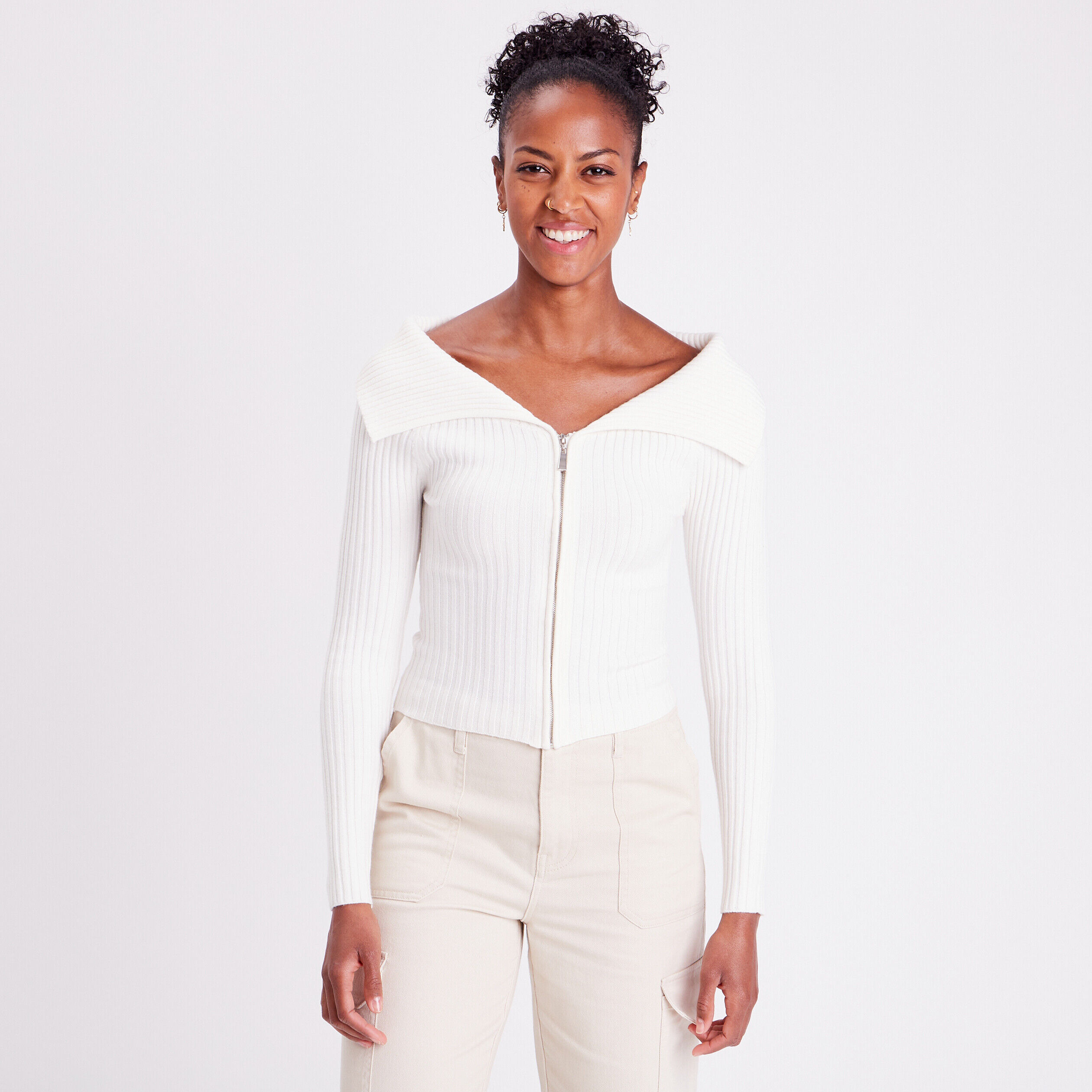 Gilet côtelé col bardot ecru femme | Cache Cache