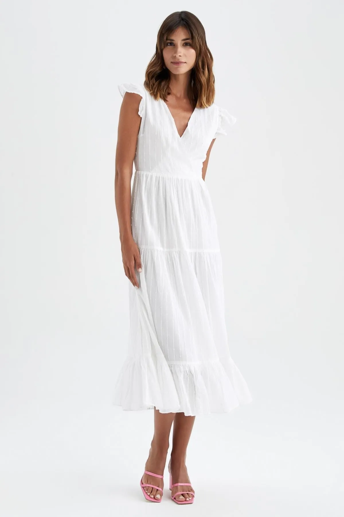 DeFacto  Voile-Maxi-Trägerkleid mit V-Ausschnitt und kurzen Ärmeln