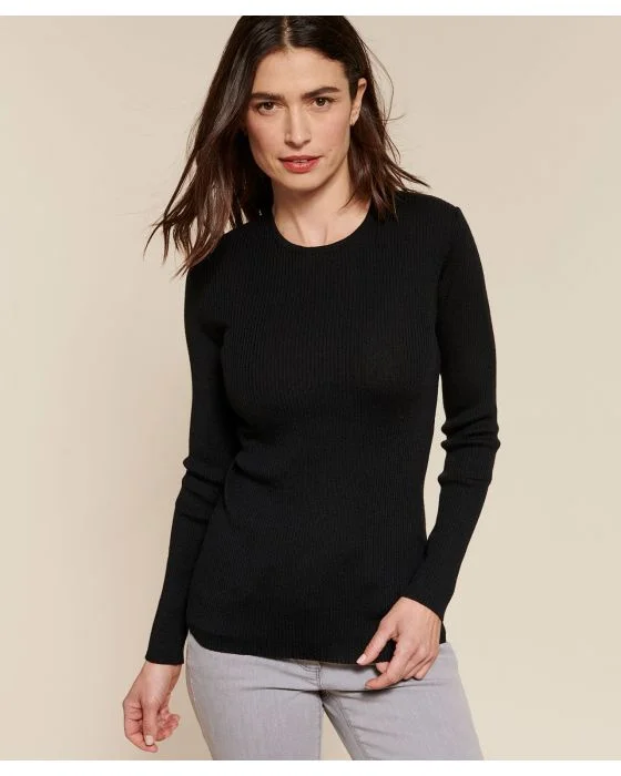 Pull col rond 50% laine mérinos, uni et rayé