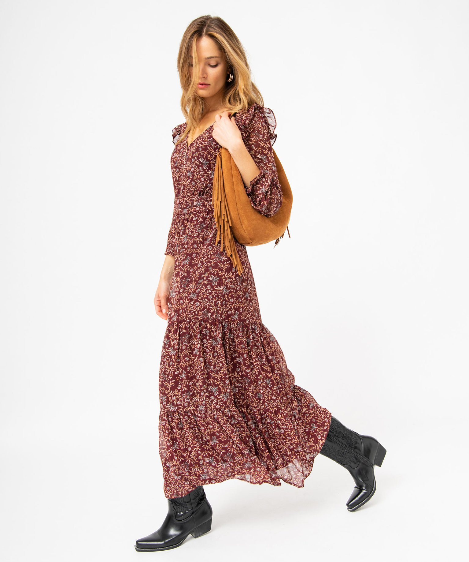 Robe longue à manches longues motif fleuri femme imprime | GEMO