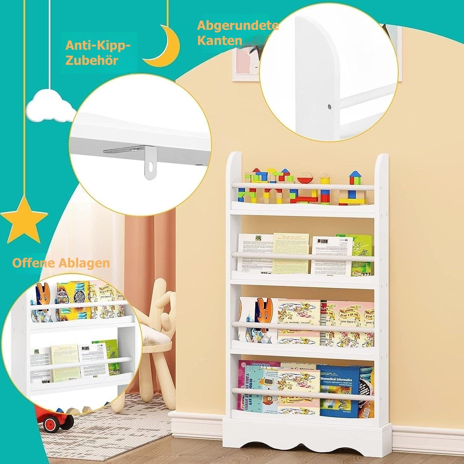 EUGAD Bücherregal, 1-tlg., Kinderregal mit 4 Ebenen aus Holzwerkstoff