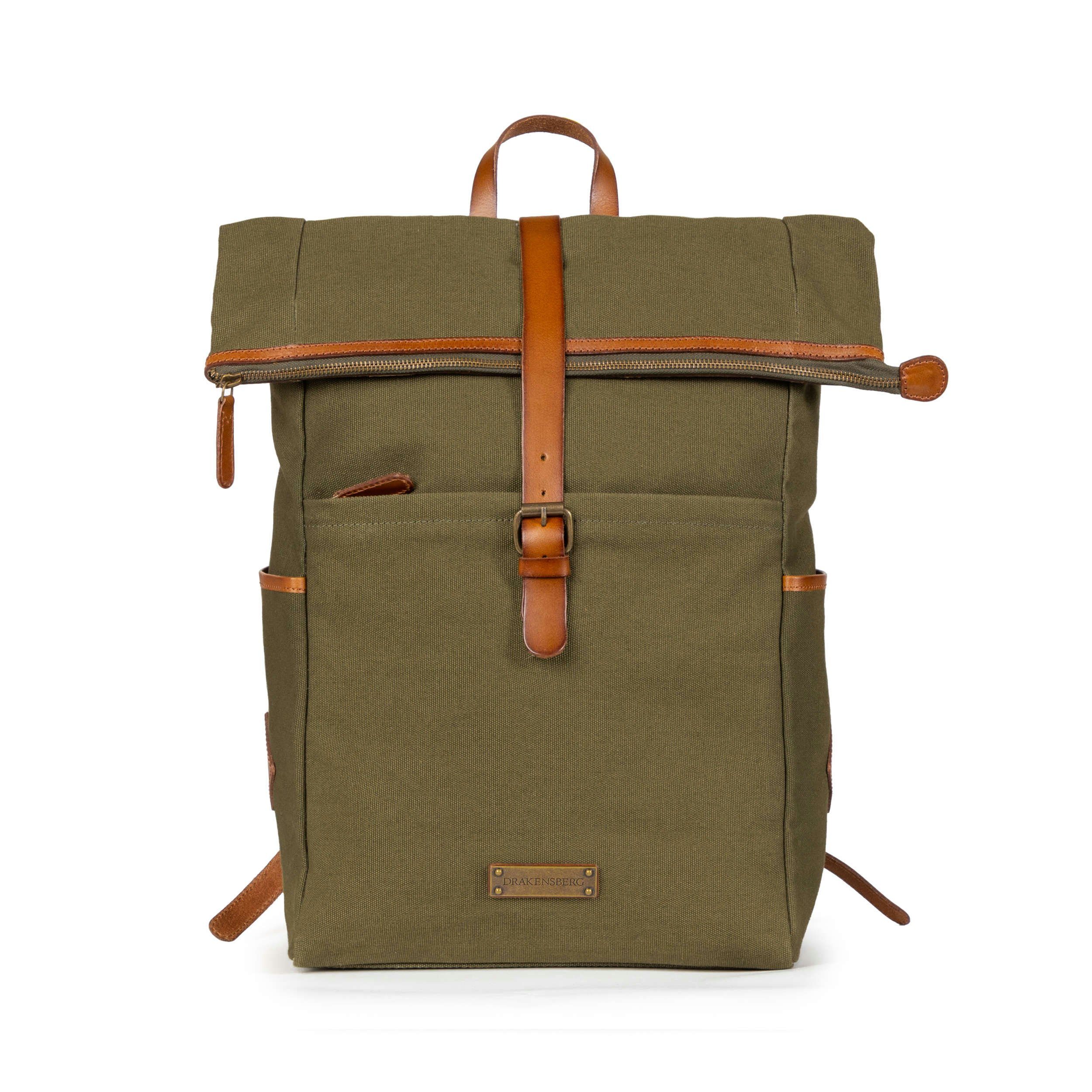 DRAKENSBERG Tagesrucksack Roll-Top Rucksack Archie Oliv-Grün, unisex Cityrucksack aus Canvas mit Lederdetails und 15