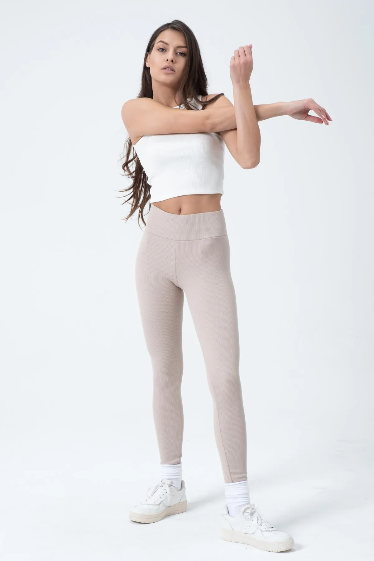 Domoda  Beige Fleece-Innenseite, elastisch, erhöht, gerippt, geraffte Interlock-Winterstrick-Leggings @verona