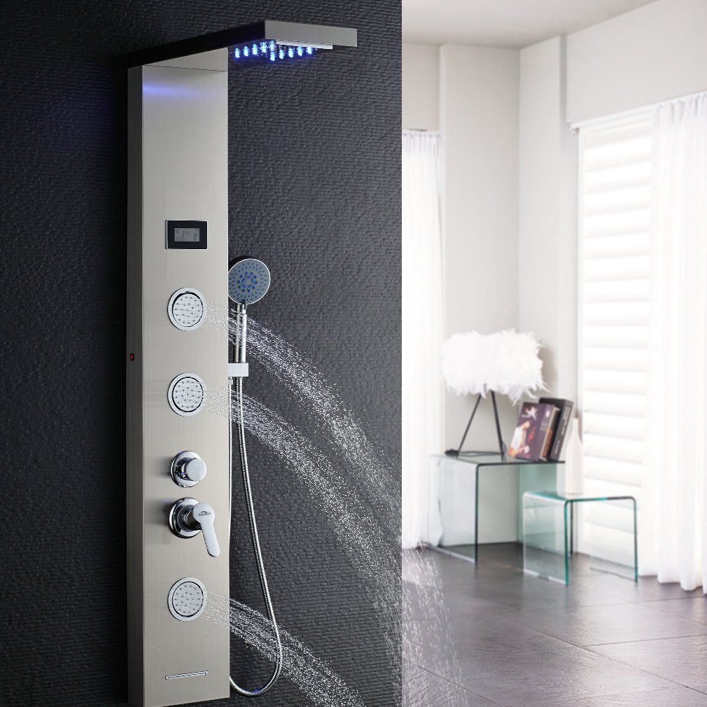 Auralum Duschsystem 5-Funktion LED Duschpaneel Badezimmer mit Dusch Duschsäule Handbrause, Edelstahl Duschset, Wassertemperatur-Display