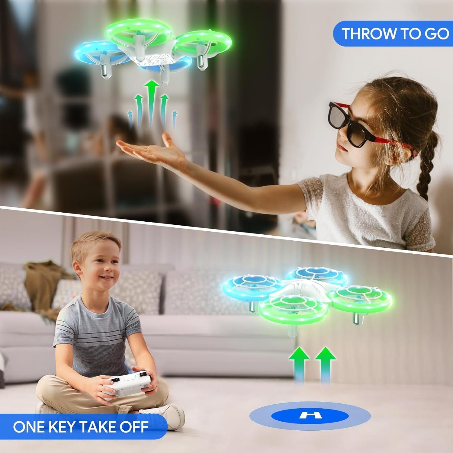 Tomzon Mini Drohne für Kinder, Blauen und Grünen LED Lichter Drohne (Fliege mit Leichtigkeit: 2 Akkus, 3D-Flip, Kopflos-Modus, für Anfänger)
