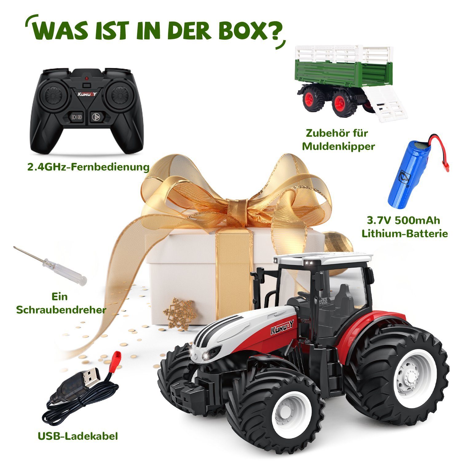 Esun RC-Traktor Ferngesteuerter Traktor mit Anhänger, Traktor Spielzeug ab 3 4 5 Jahre (Komplettset), Traktor Ferngesteuert Ackerschlepper mit Licht und Sound