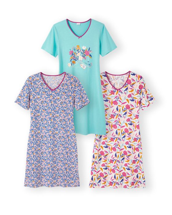 Lot de 3 chemises de nuit en pur coton peigné, 2 statures