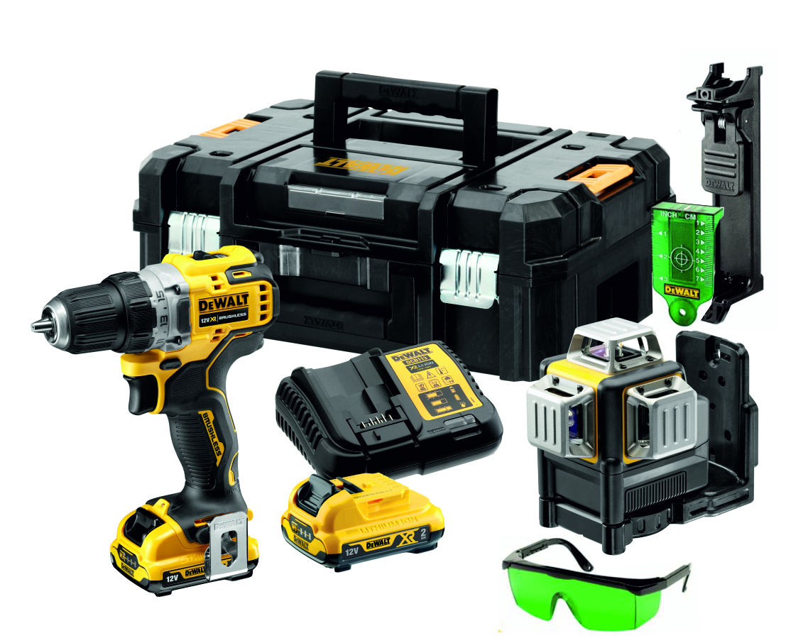DeWalt DCK212D2T-QW Verdisett DCD701 Drill/Skrutrekker + DCE089 Grønn Krysslinjelaser 12V 2,0 Ah Li-ion i TSTAK-koffert