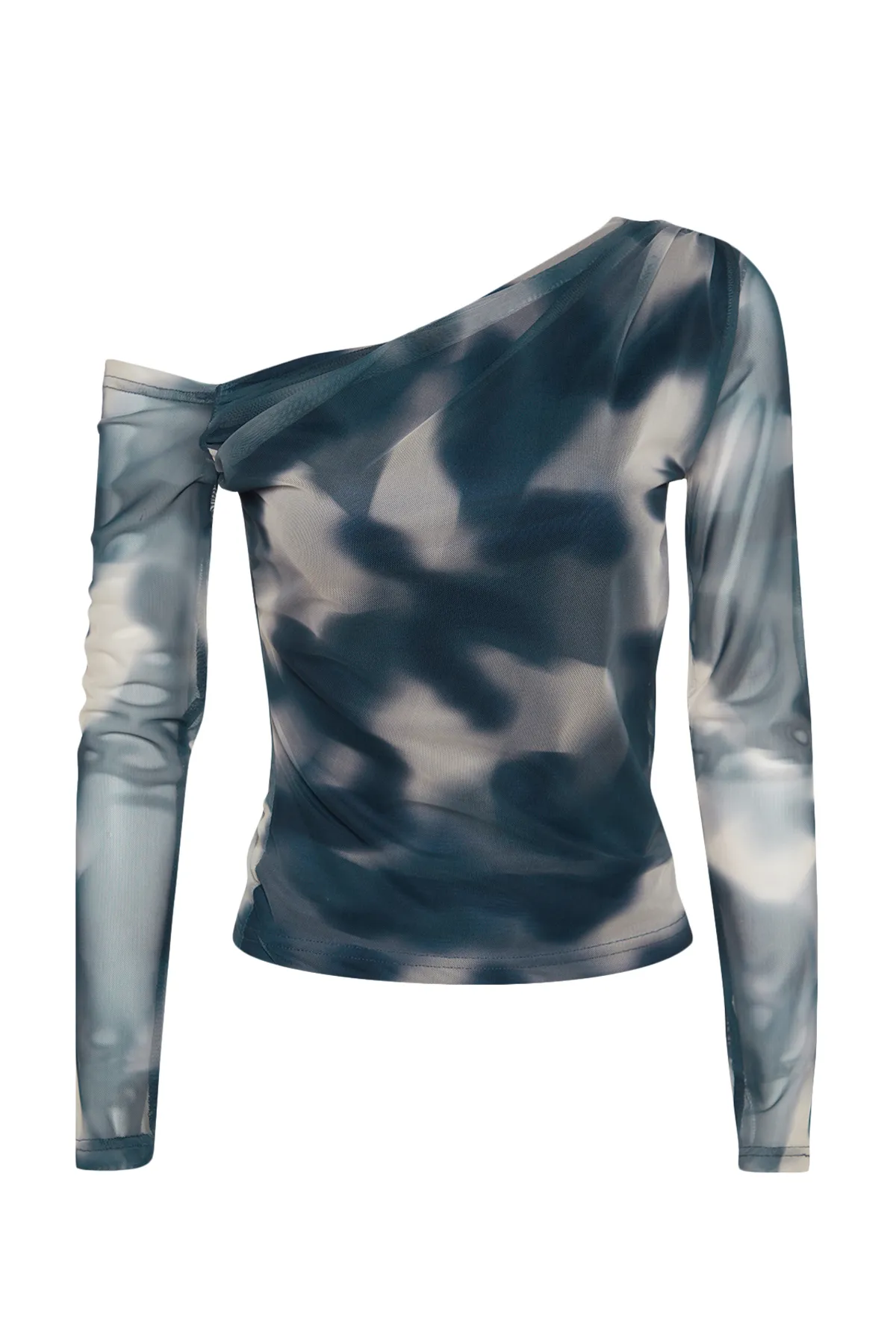 Trendyol Collection  Petrolfarbene, mit Tüll gefütterte Strickbluse mit asymmetrischem Kragen TWOAW24BZ00051