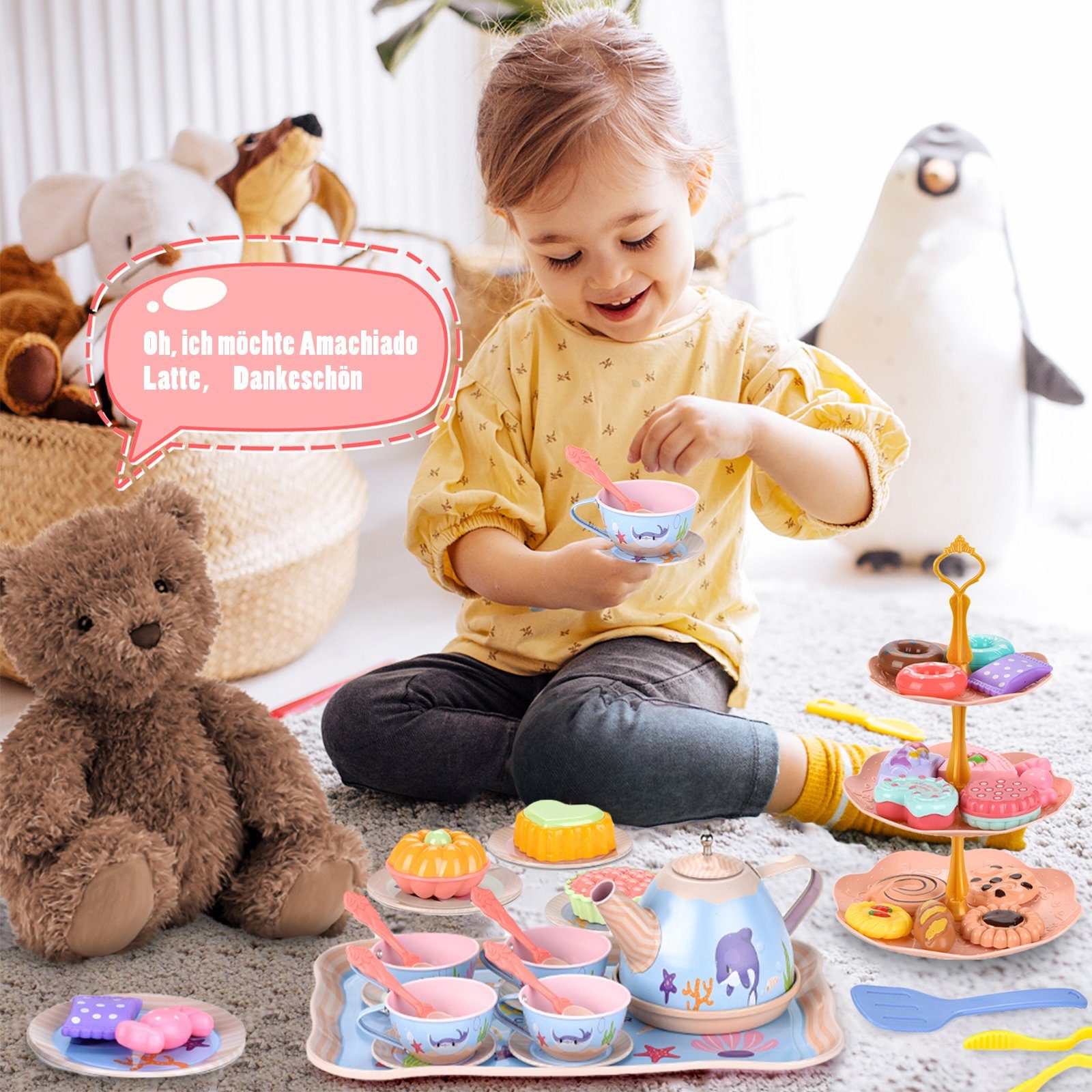 LBLA Lernspielzeug 45-teiliges Teeservice Kinder Metall mit Spielzeug Tragekoffer Dessert, Teeservice Kinderküche Rollenspiel für Kinder, Weihnachtsgeschenk