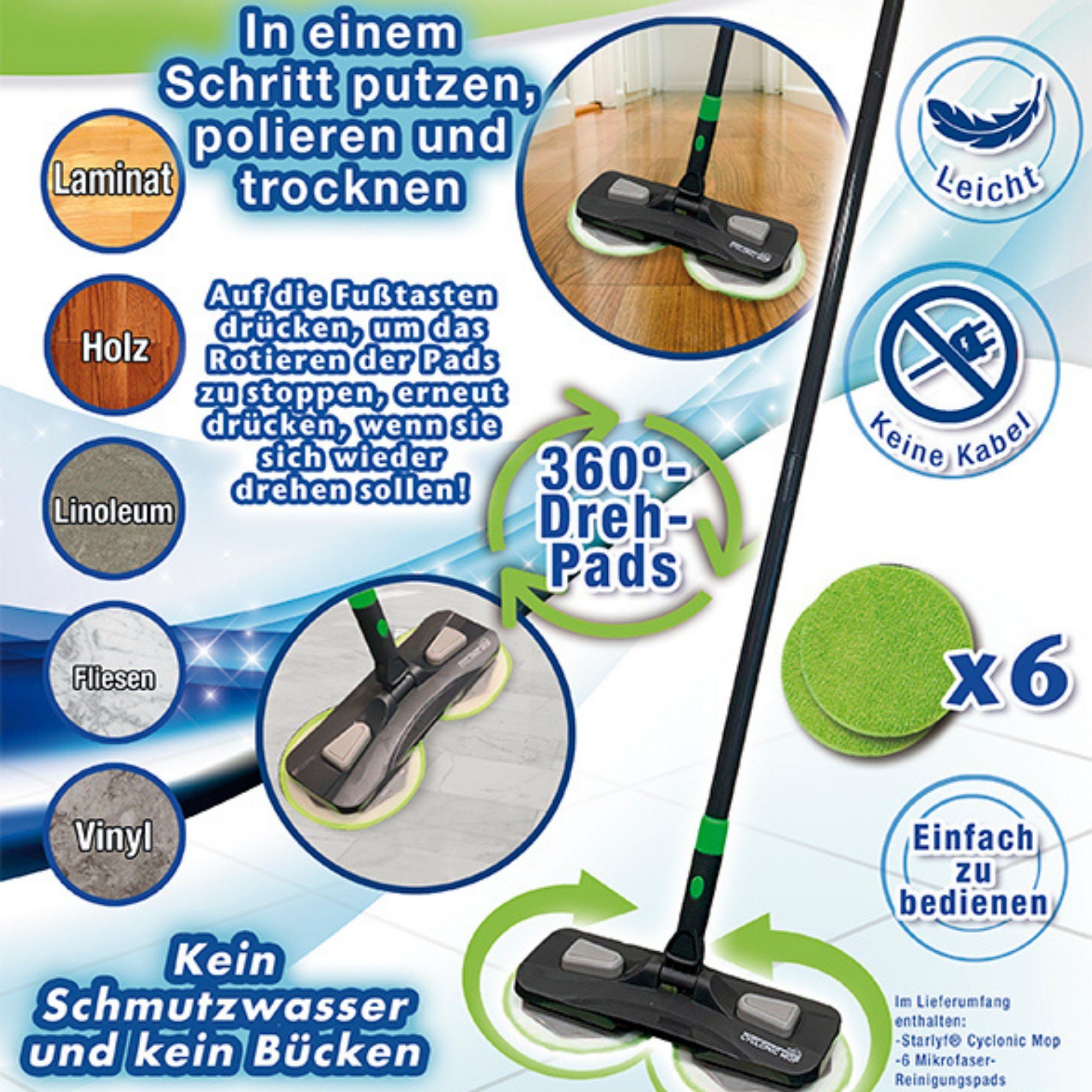 Starlyf Wischmopp Cyclonic Mop, beutellos, kabelloser, rotierender Bodenwischer ohne Akku, für Hartböden