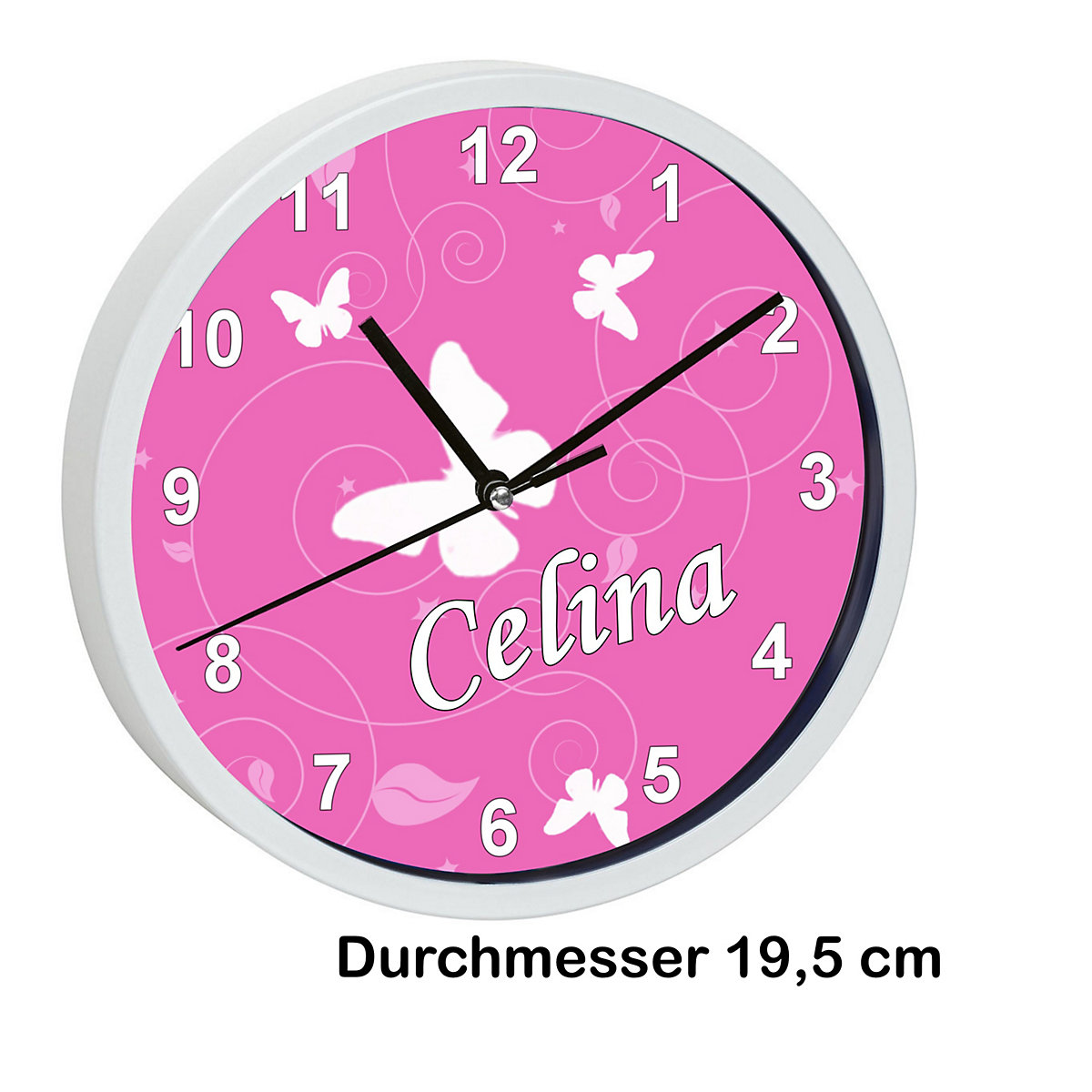 Kinder Wanduhr personalisiert mit Name Schmetterling Rosa