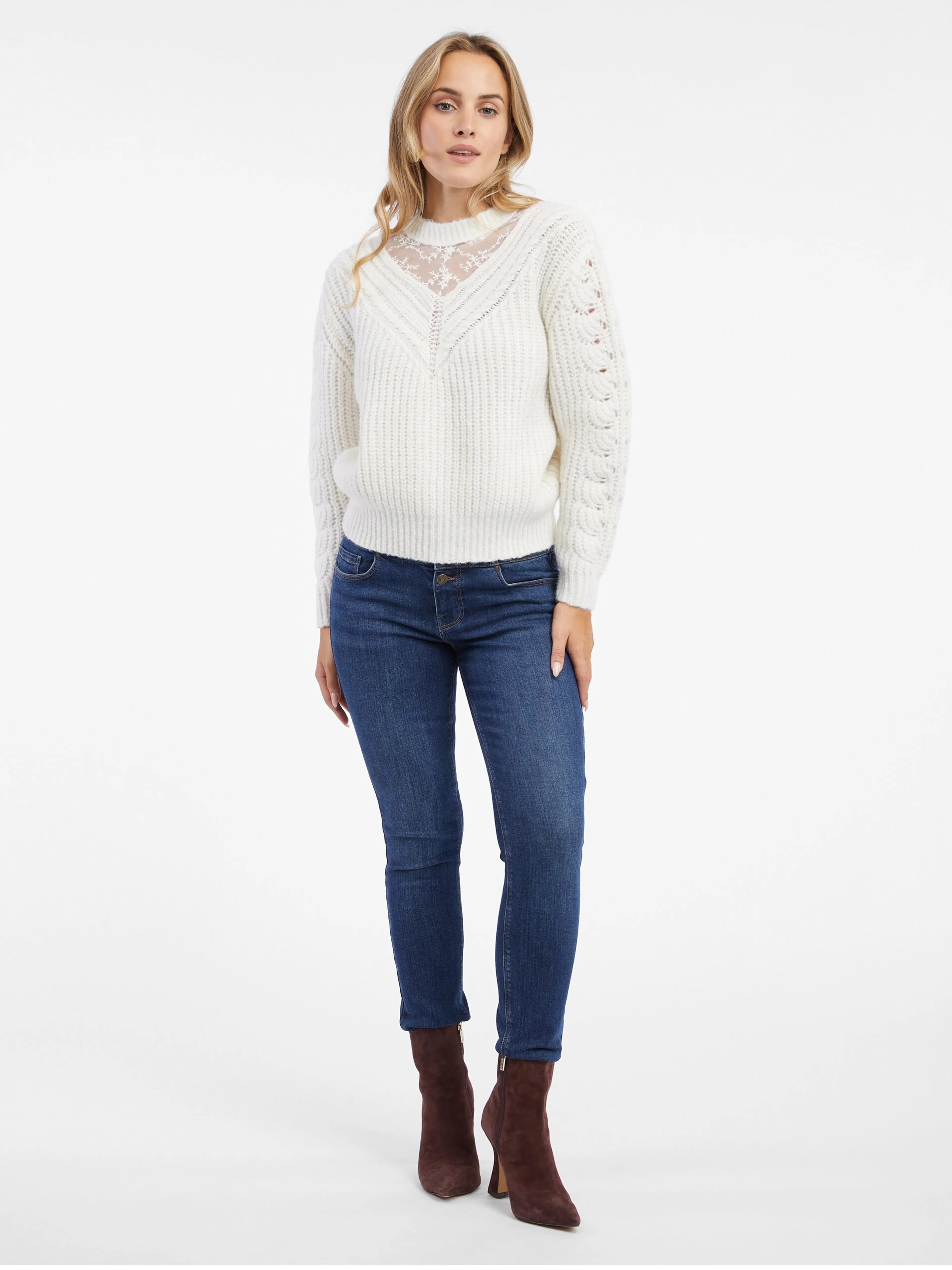 Cremefarbene Damen Strickjacke mit Spitze ORSAY