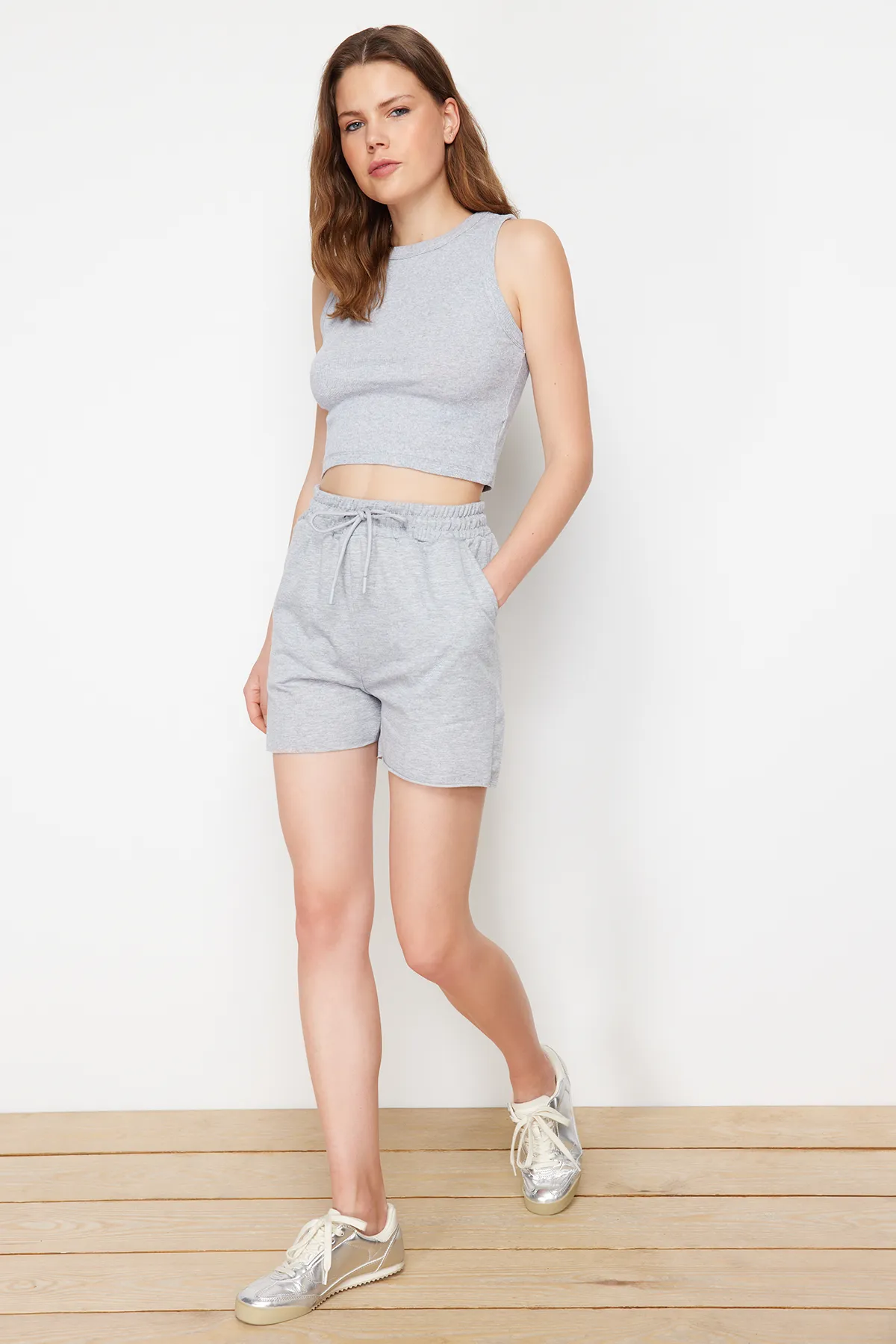 Trendyol Collection  Grau meliertes Strickoberteil und -unterteil-Set TWOSS24AU00027