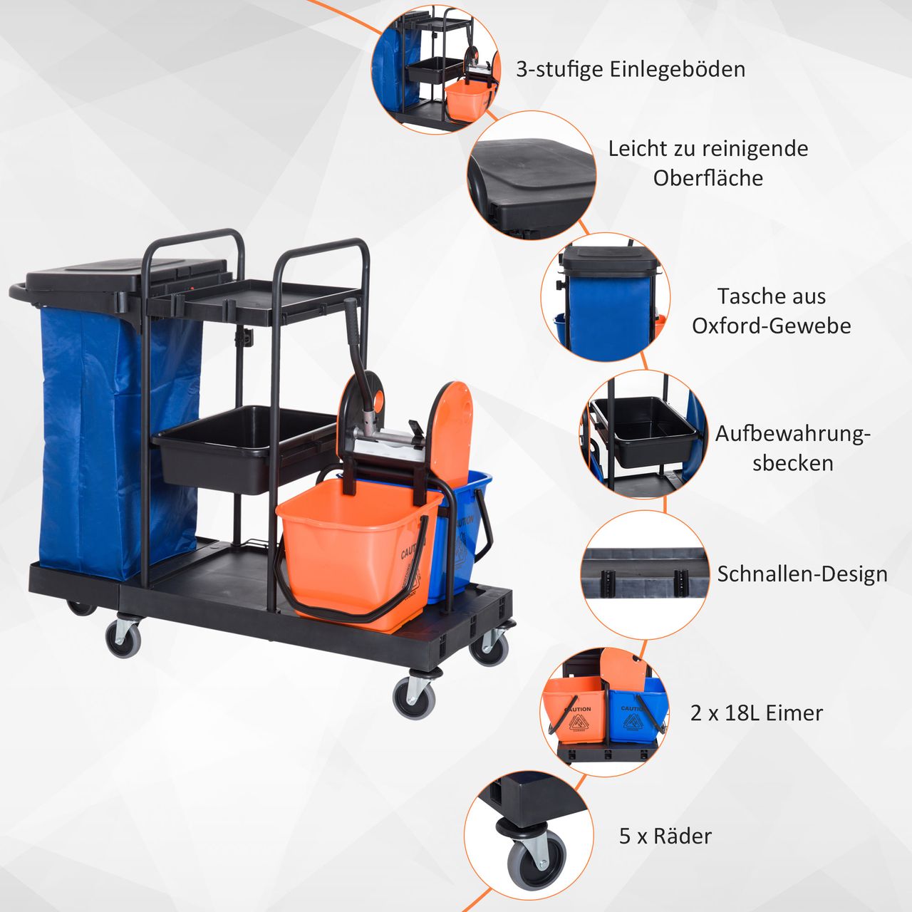 HOMCOM Putzwagen Reinigungswagen Wischwagen Systemwagen mit 4 leichtgängigen Rollen Schwarz Blau Orange 111 × 63,3 × 103 cm