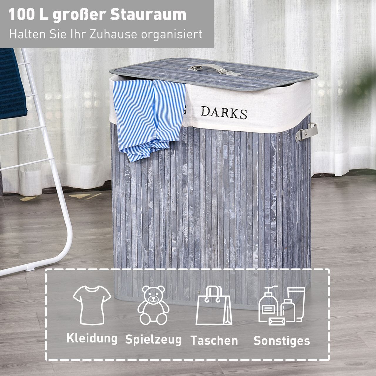 HOMCOM Wäschekorb Wäschebox Wäschesammler mit Deckel Segeltuchsack waschbarem Wäschesack mit Griffen Segeltuch   Bambus Grau100L 52 x 32 x 63 cm