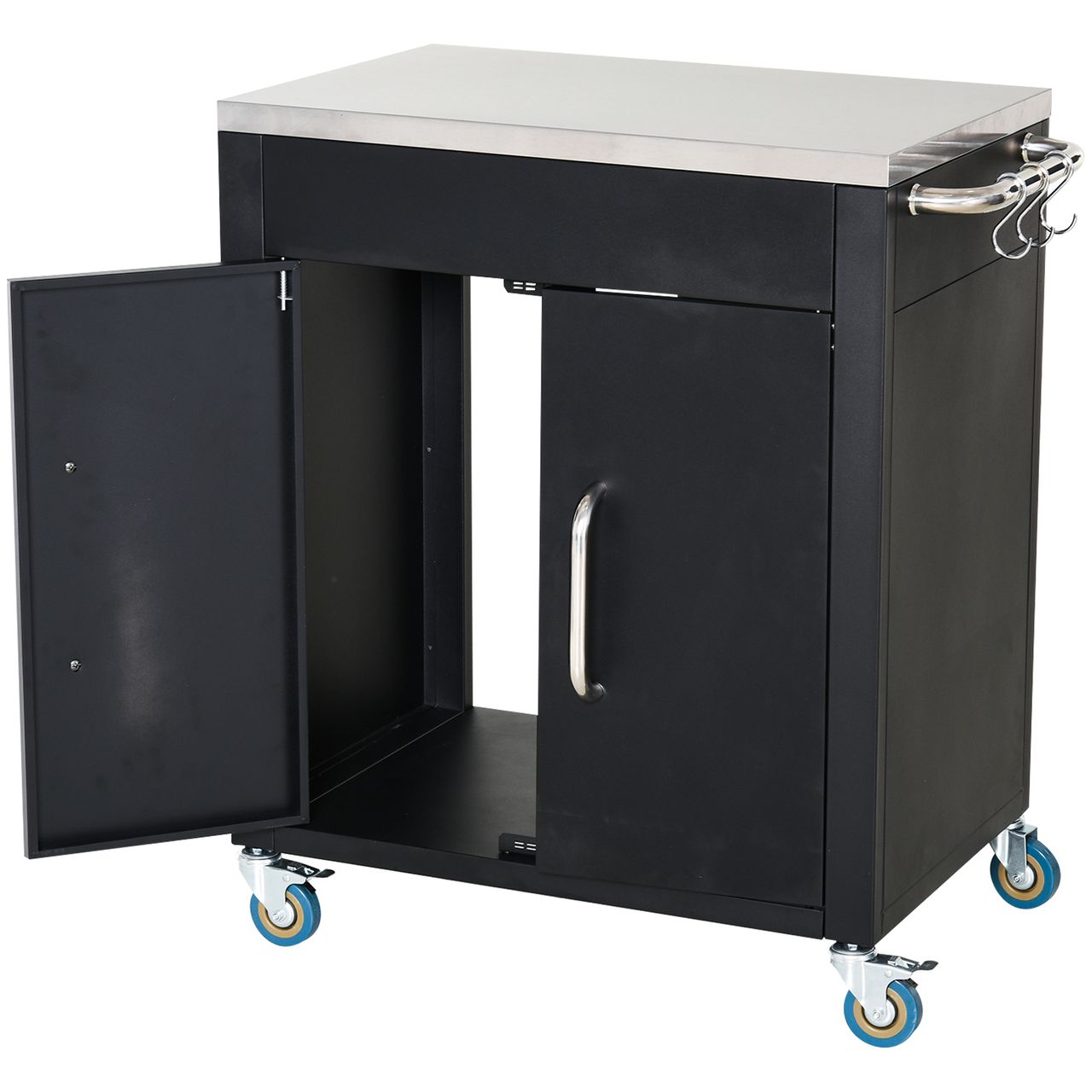 HOMCOM Küchenwagen mit Rollen, Servierwagen, Küchentrolley mit Schrank, Haken und Edelstahlgriffe, Rollwagen, Küchenhilfe, Schwarz, 86 x 50 x 86,5 cm