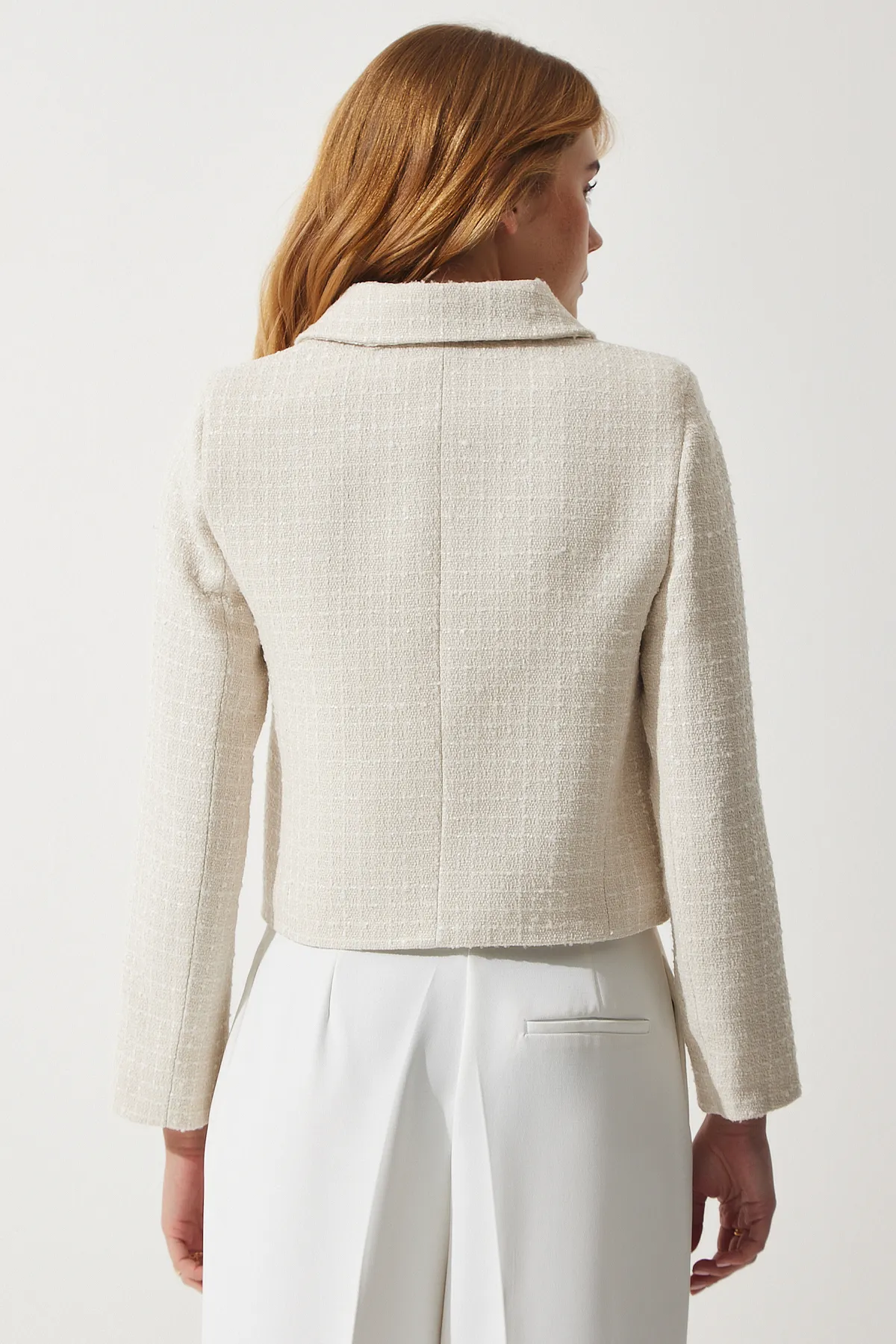 Happiness İstanbul  Kurzer Tweed-Blazer für Damen in Knochenform, TO00039
