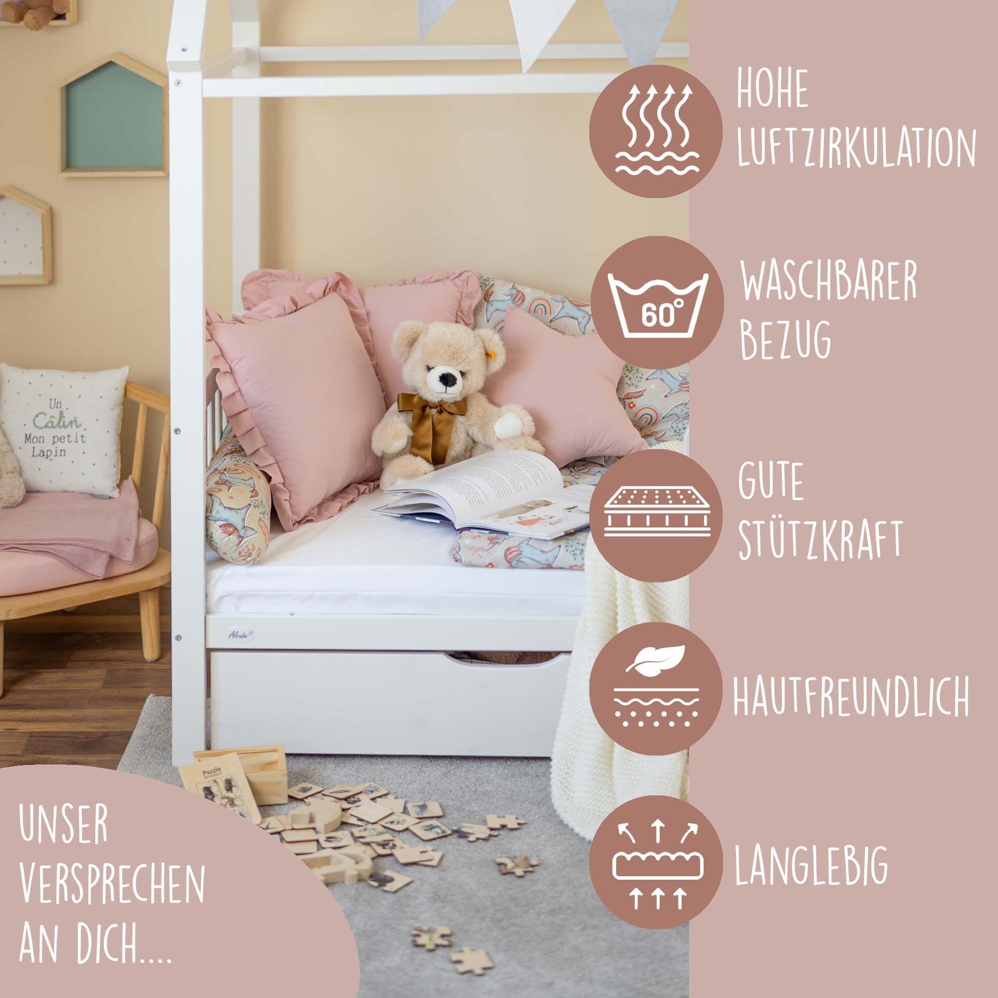 Kindermatratze EASY, Alcube, 6 cm hoch, Babymatratze 60x120 aus Schaumstoff mit waschbarem Bezug, bei 60°C für Babybett oder Gitterbett, kombinierbar mit Spannbettlaken, oder Matratzenschoner 120x60