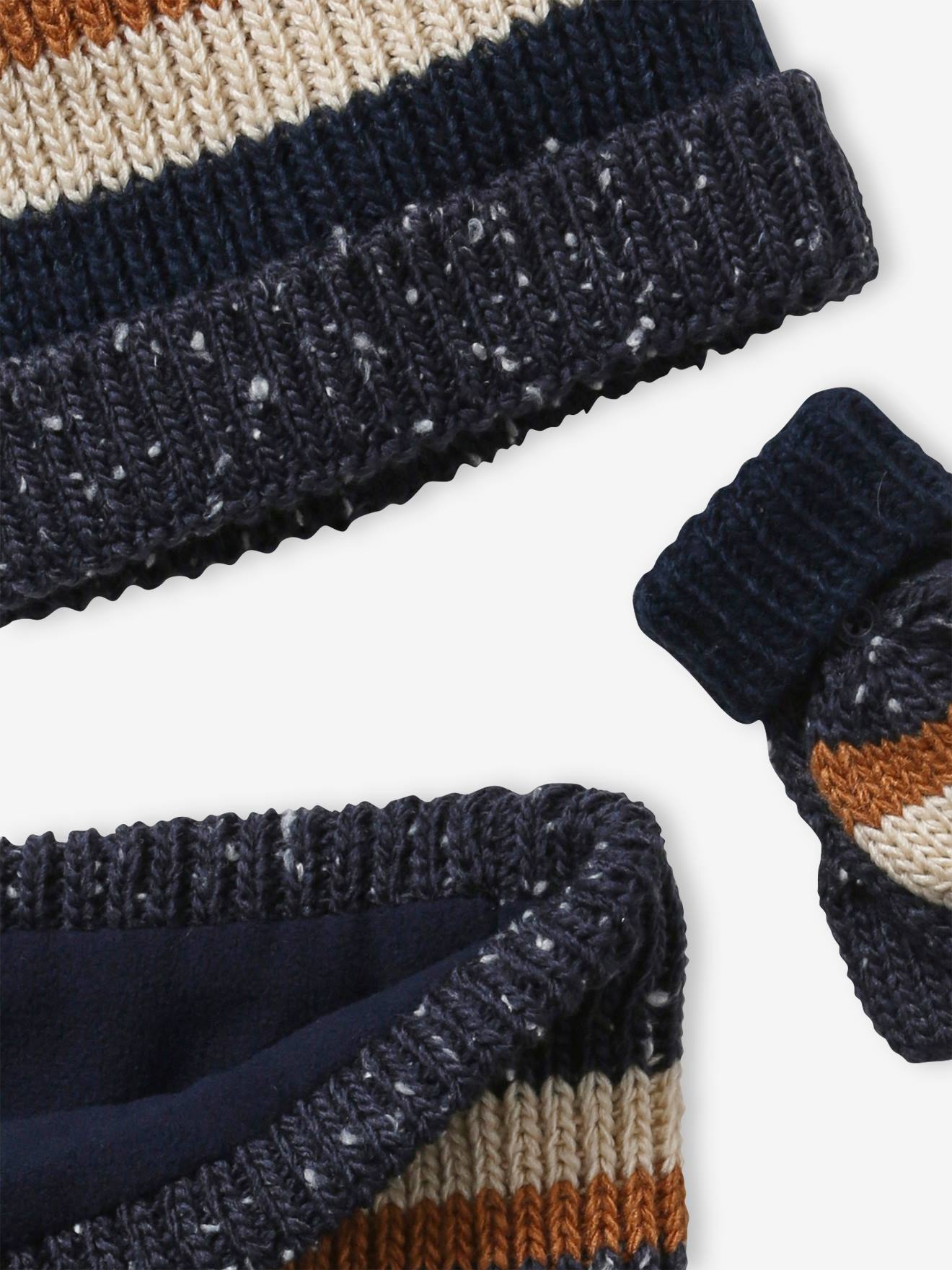 Ensemble garçon bonnet + snood + mitaines marine