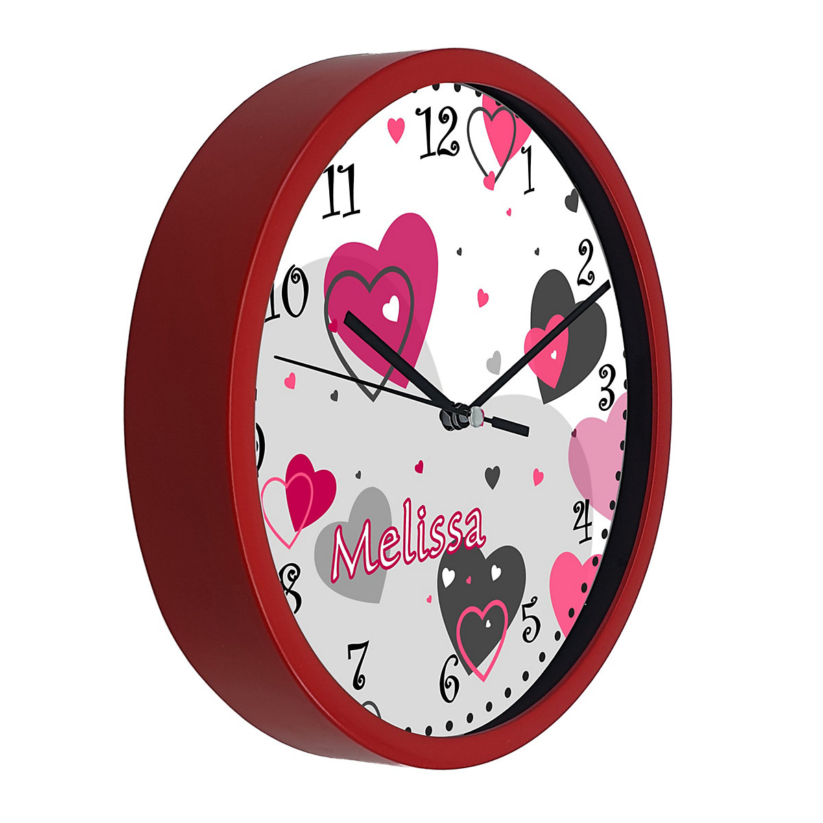 Kinder Wanduhr personalisiert mit Name Herz Rosa Grau