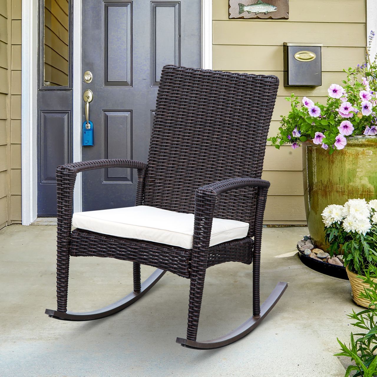 Outsunny Schaukelstuhl mit Kissen Polyrattan Metall Braun 66x88x98cm
