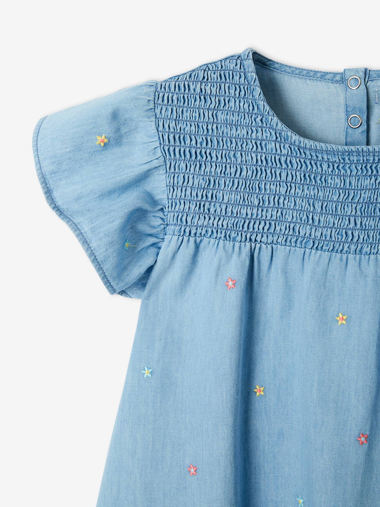 Ensemble 2 pièces robe brodée en denim et legging fille bleu