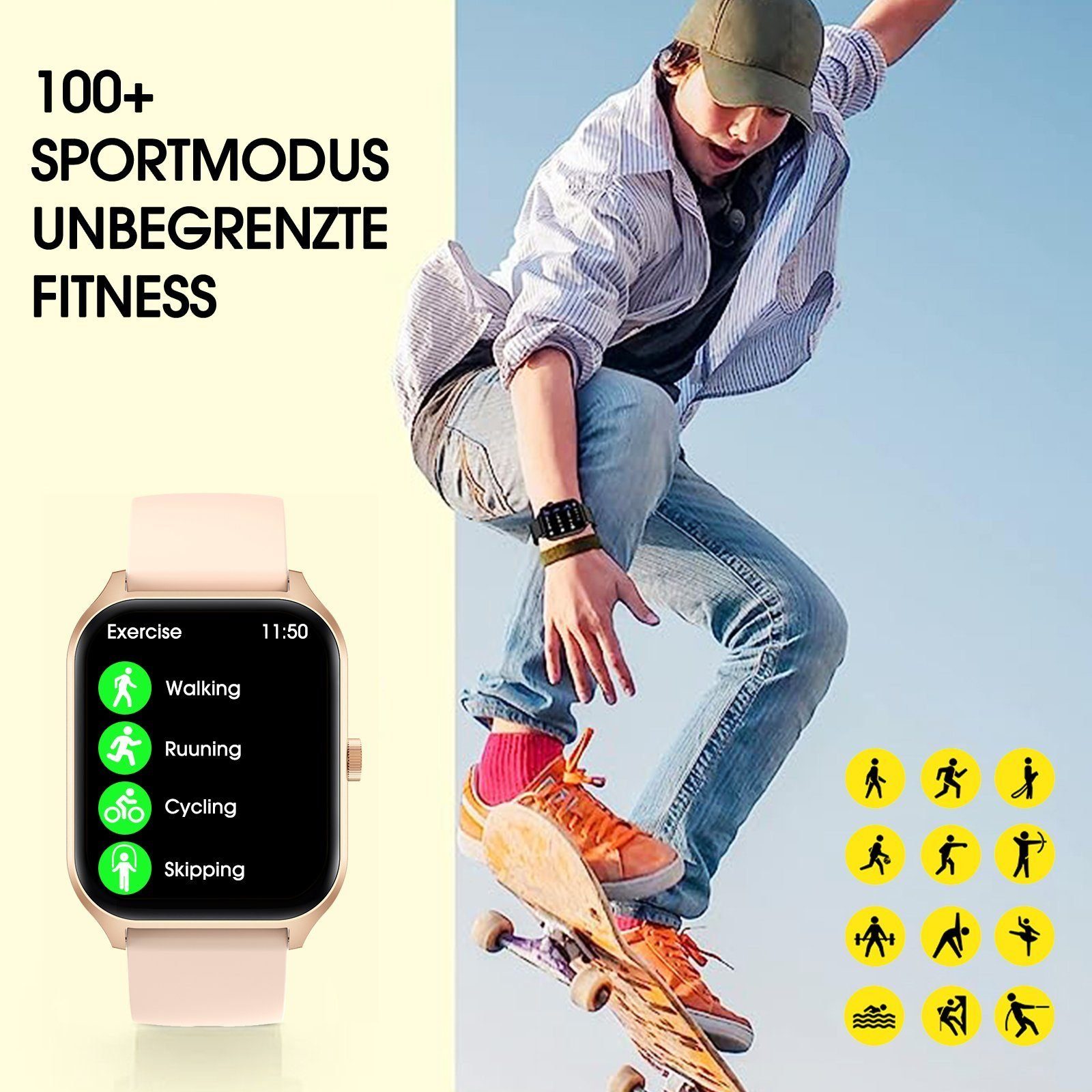 Yuede Smartwatch,Neueste 1,96-Zoll-Fitness-Smartwatch für Damen Herren Smartwatch (Bluetooth 5.2 Anruffunktion, Uhr mit Schrittzähler, Pulsuhr, Blutdruckmessung und Sauerstofffunktion( SpO2) , Zoll), IP67 Wasserdichte Sportuhr mit 100 Trainingsmodi,