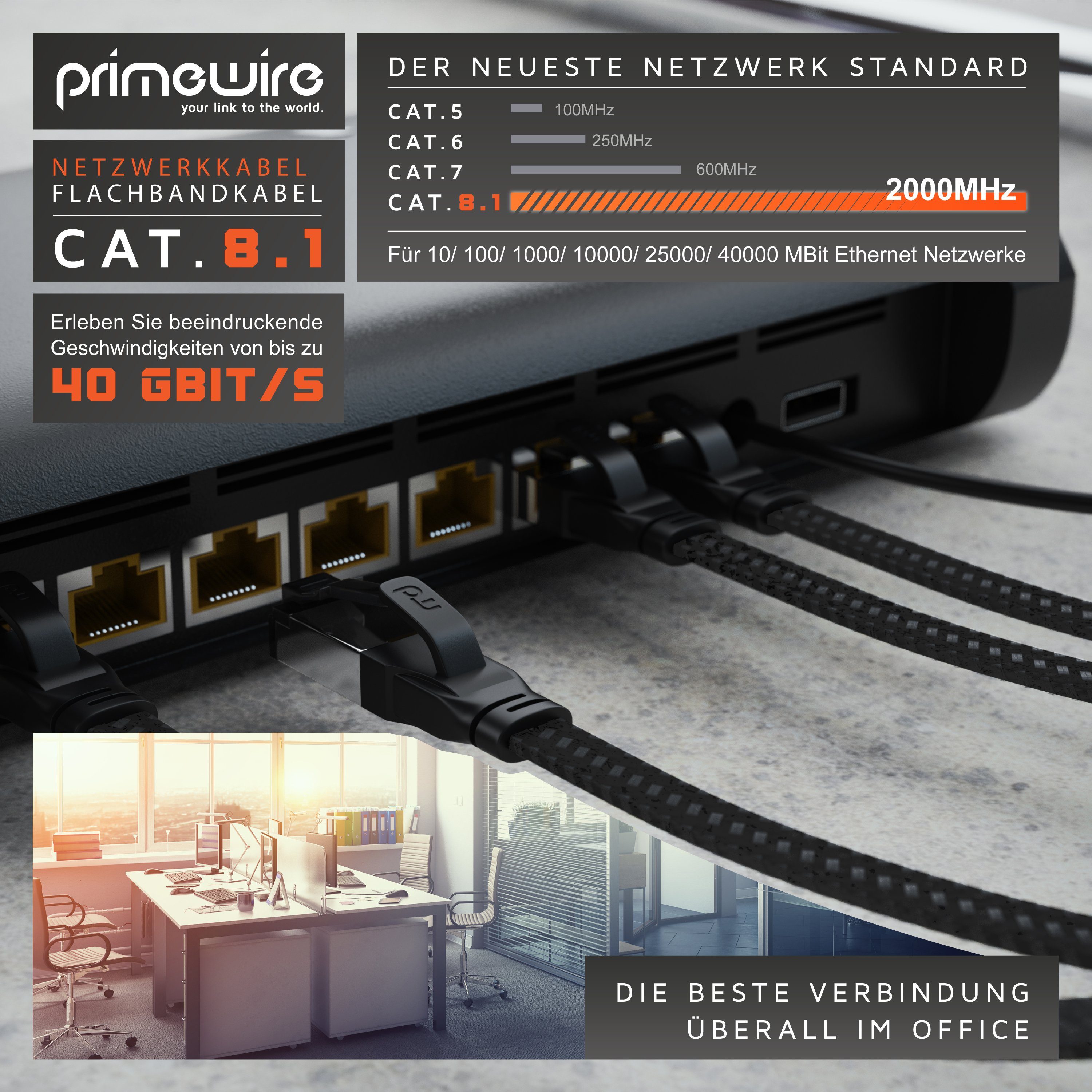 Primewire LAN-Kabel, CAT.8, RJ-45 (Ethernet) (25 cm), CAT 8.1 Netzwerkkabel Flach 40 Gbits Baumwollmantel Patchkabel - 0,25m