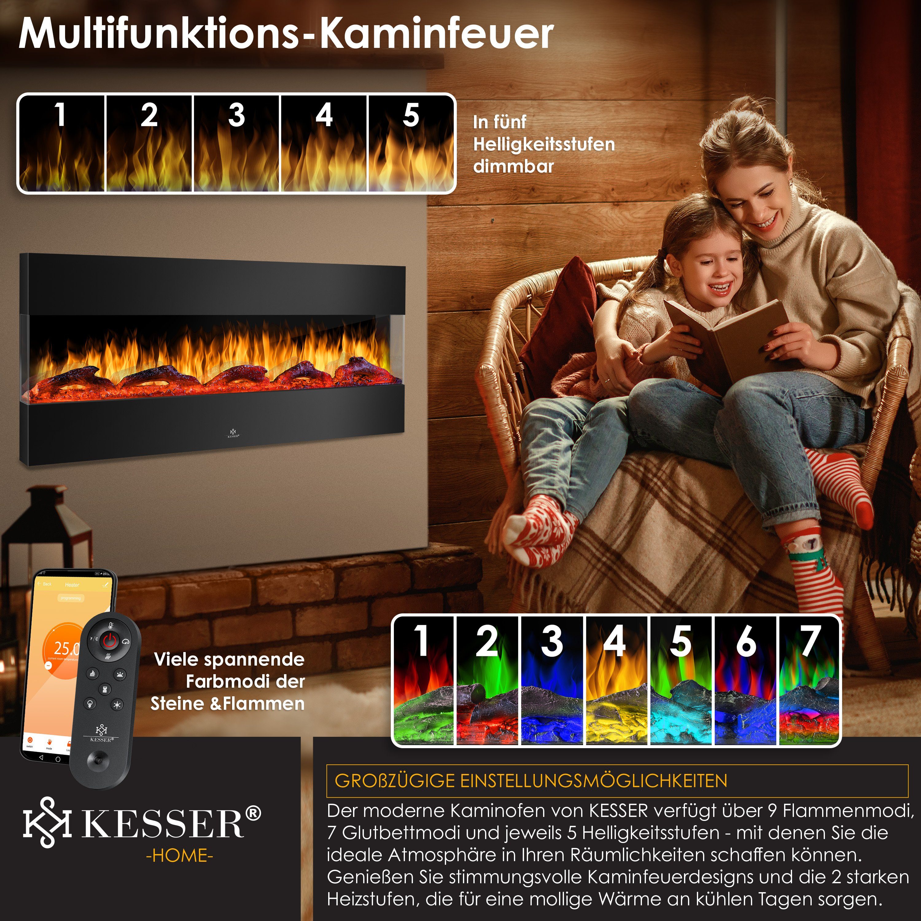 KESSER Elektrokamin, Wandkamin Elektrokamin 3D Elektrischer Kamin mit Heizung 9 Farbmodi