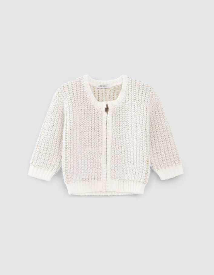 Cardigan écru tricot jacquard lurex doré bébé fille