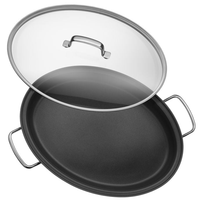 Gourmet-/Fischpfanne mit Glasdeckel, oval, 38 x 26 cm