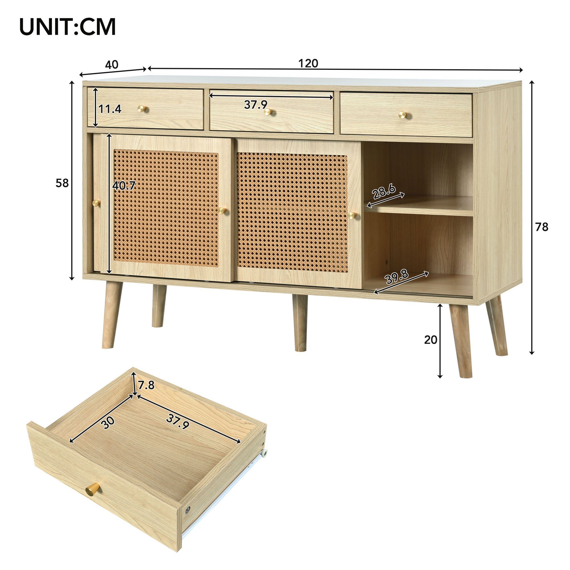 REDOM Sideboard Kommode (verstellbare Ablagen), mit 3 Schubladen und 3 Schiebetüren, 120x 40x78cm