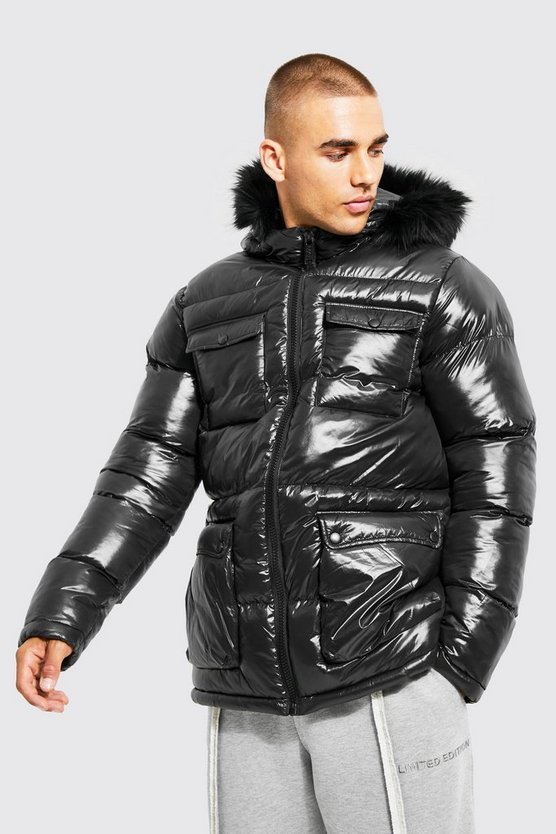 Recycelter hochglänzender Parka mit 4-Taschen und Kunstpelz-Detail