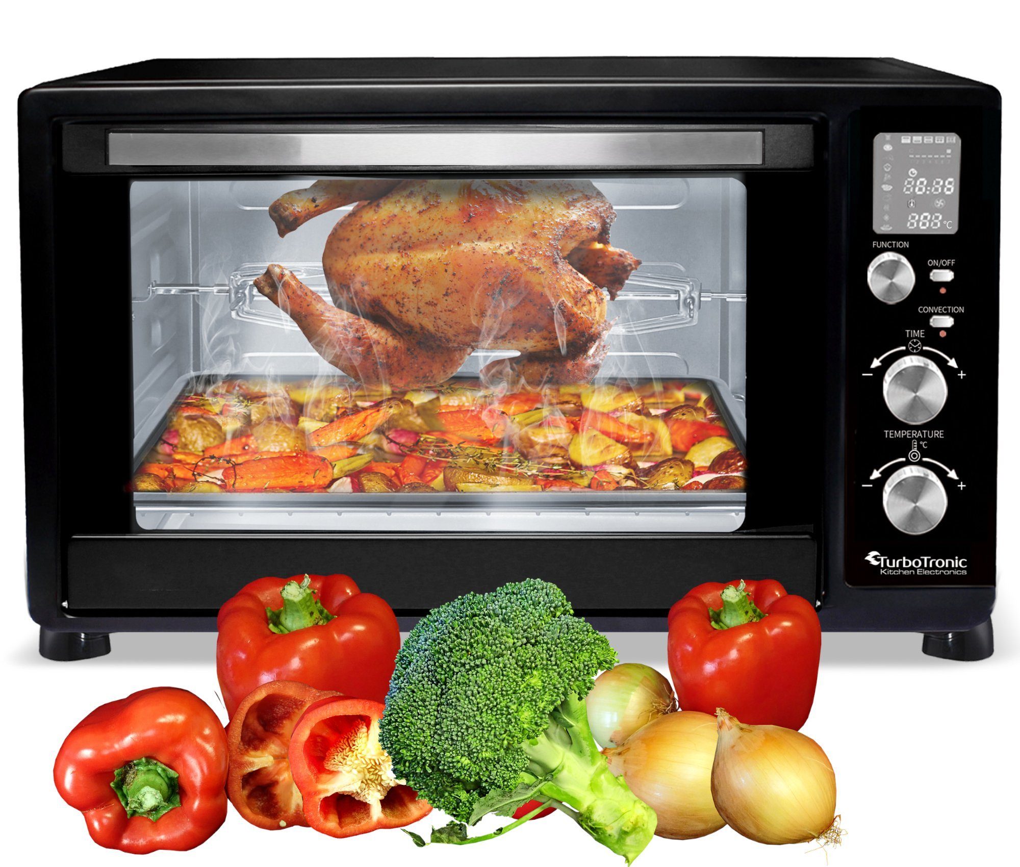 TurboTronic by Z-Line Minibackofen 45 L mit Umluft Drehspieß 2000W 2x Backblech Gitter Kompakt Elektro, Mini Tisch Backofen Camping Pizzaofen Digital