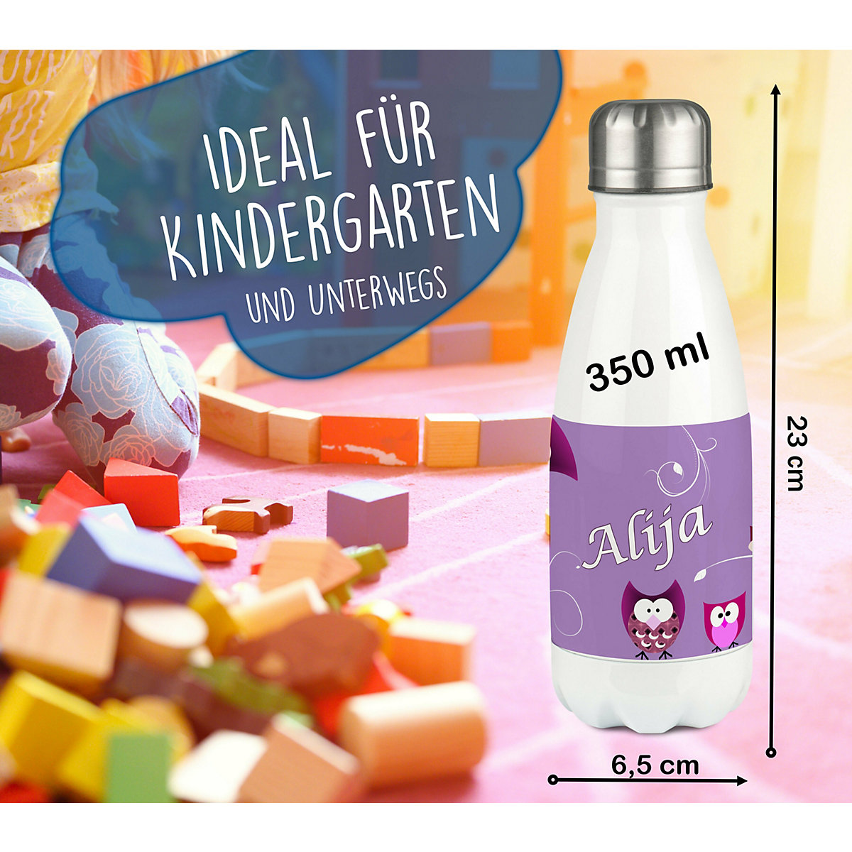 Edelstahl Kinder Thermoflasche / Trinkflasche bunt Eule Farbe lila Spülmaschinenfest, Auslaufsicher, Bruchfest, Doppelwandig, Für Heißgetränke geeignet, Mit Deckel, Isoliert