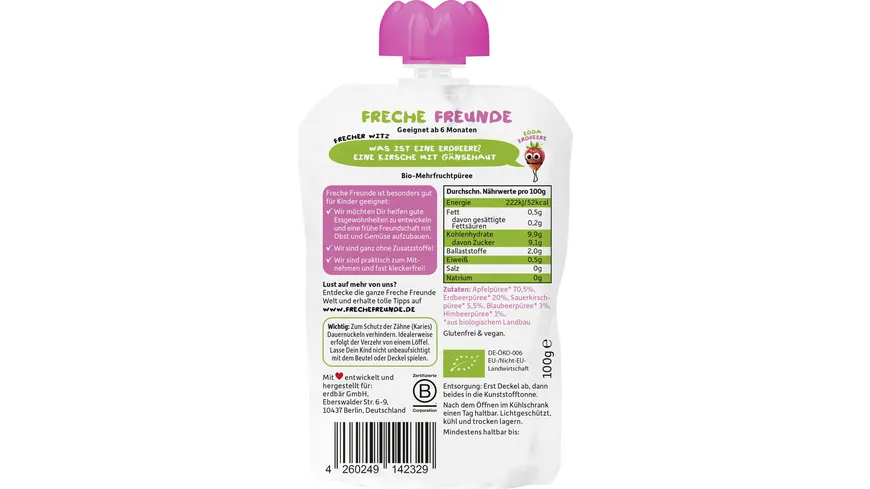 Freche Freunde Bio Quetschie 100% Apfel, Erdbeere, Blaubeere & Himbeere 100 g