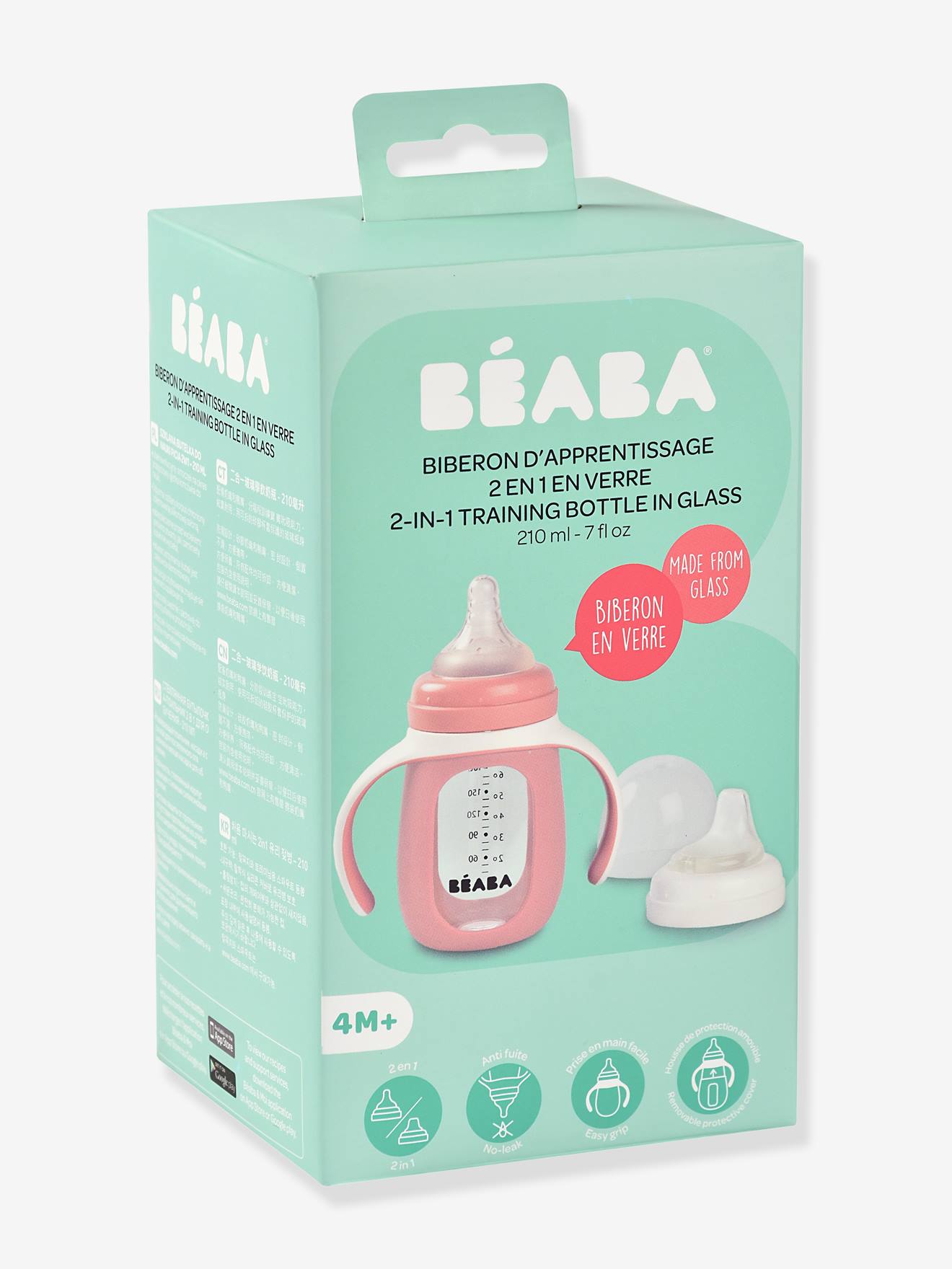 Biberon/tasse d'apprentissage 2 en 1 BEABA en verre (210 ml) bleu